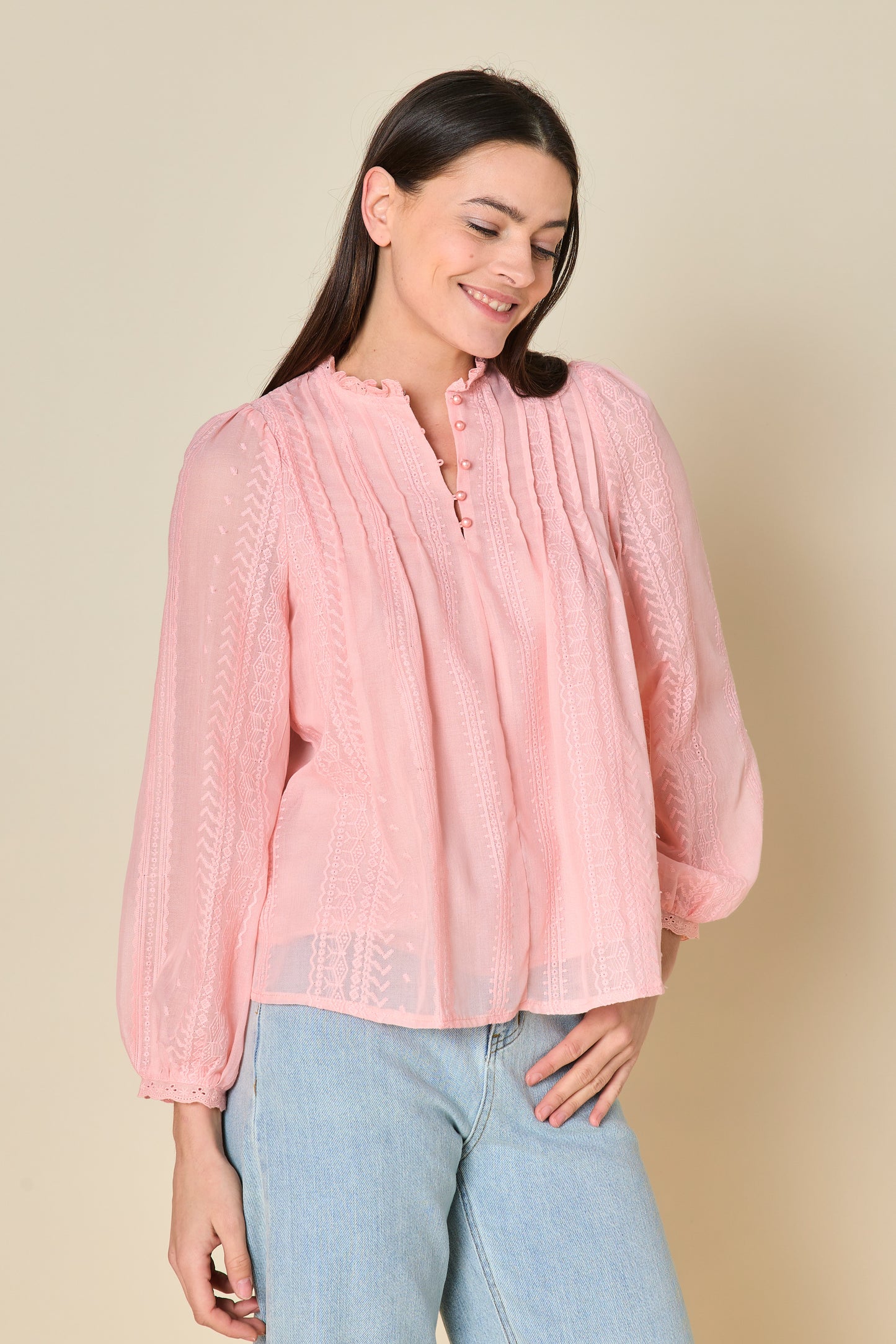 Frances powder pink pearl neck blouse