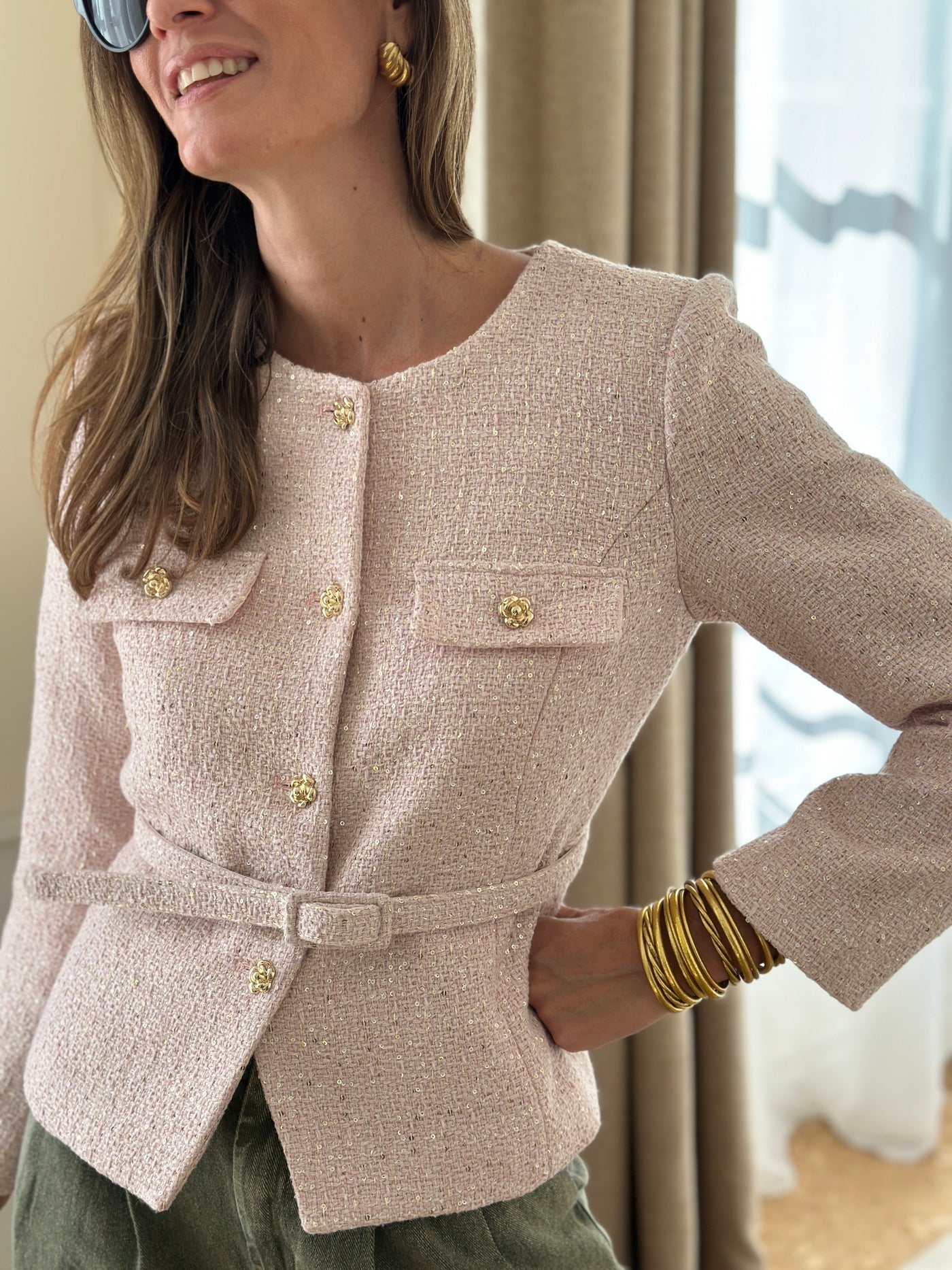 Claudia soft pink long sleeved tweed jacket