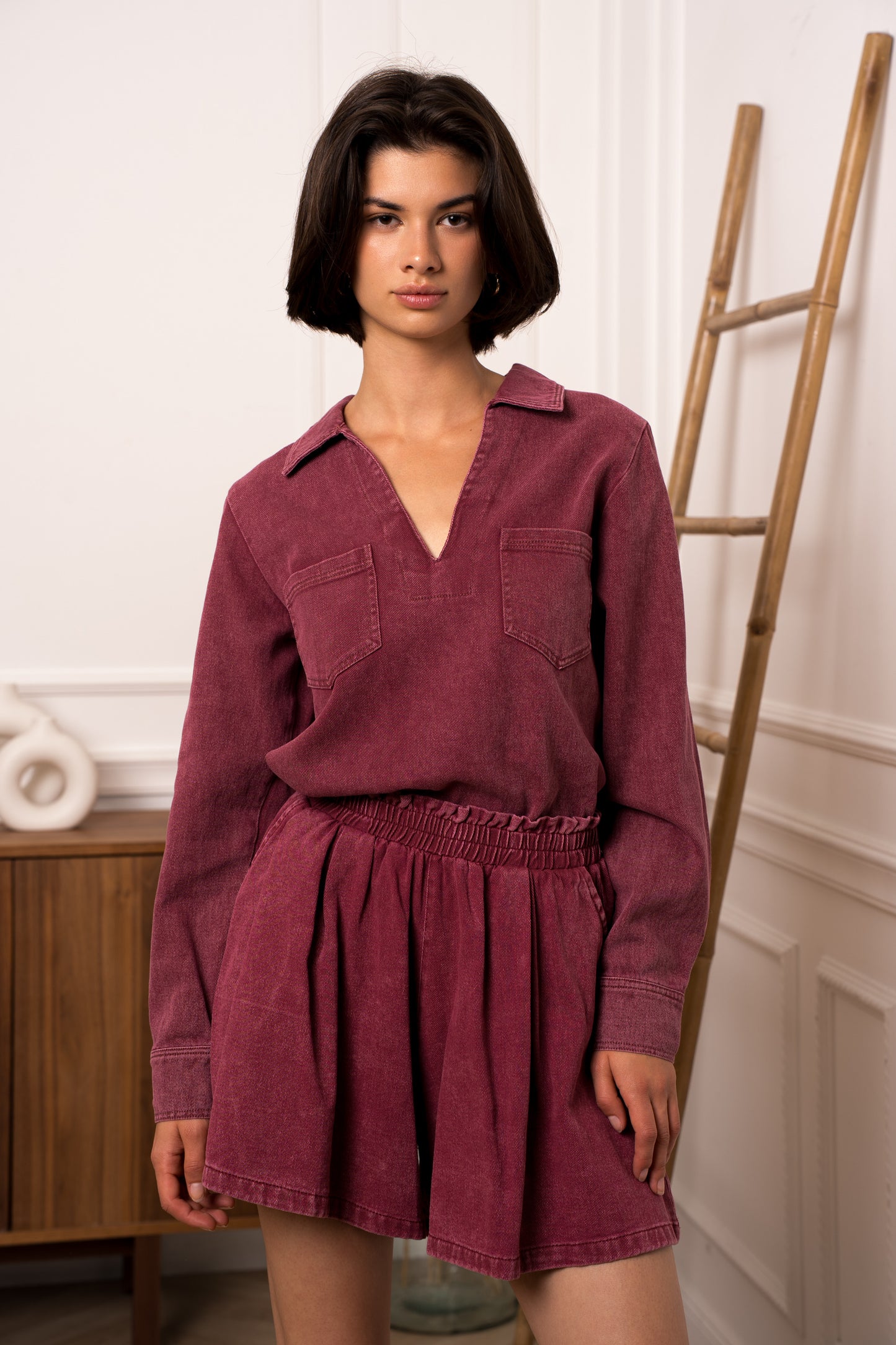 Avery burgundy denim shirt blouse