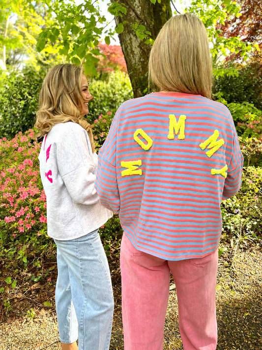 Preorder Mommy coral stripe neon yellow sweatshirt