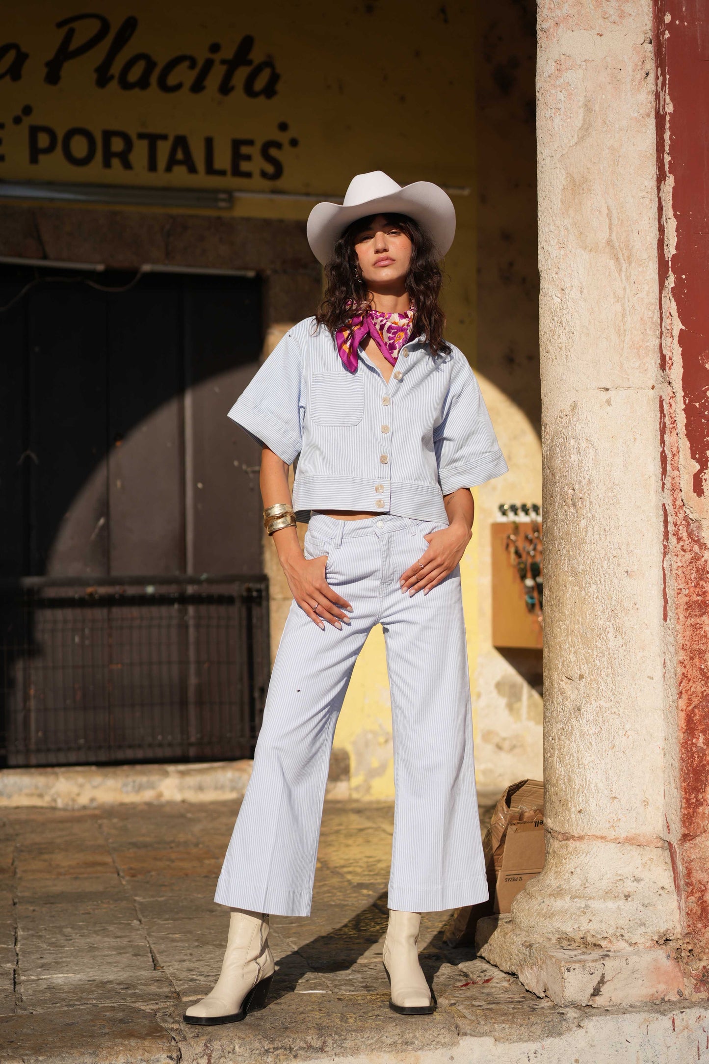 Wide leg blue striped jeans