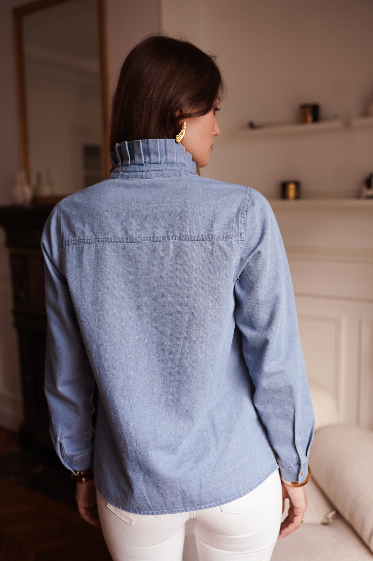 Lola denim frill neck shirt