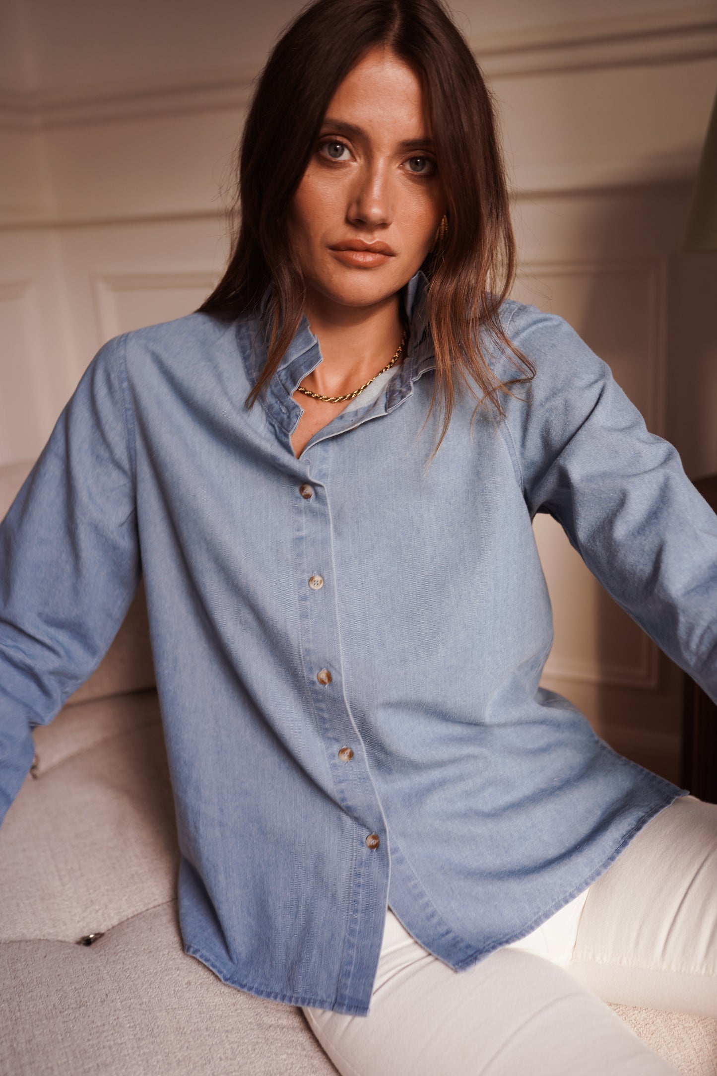 Lola denim frill neck shirt