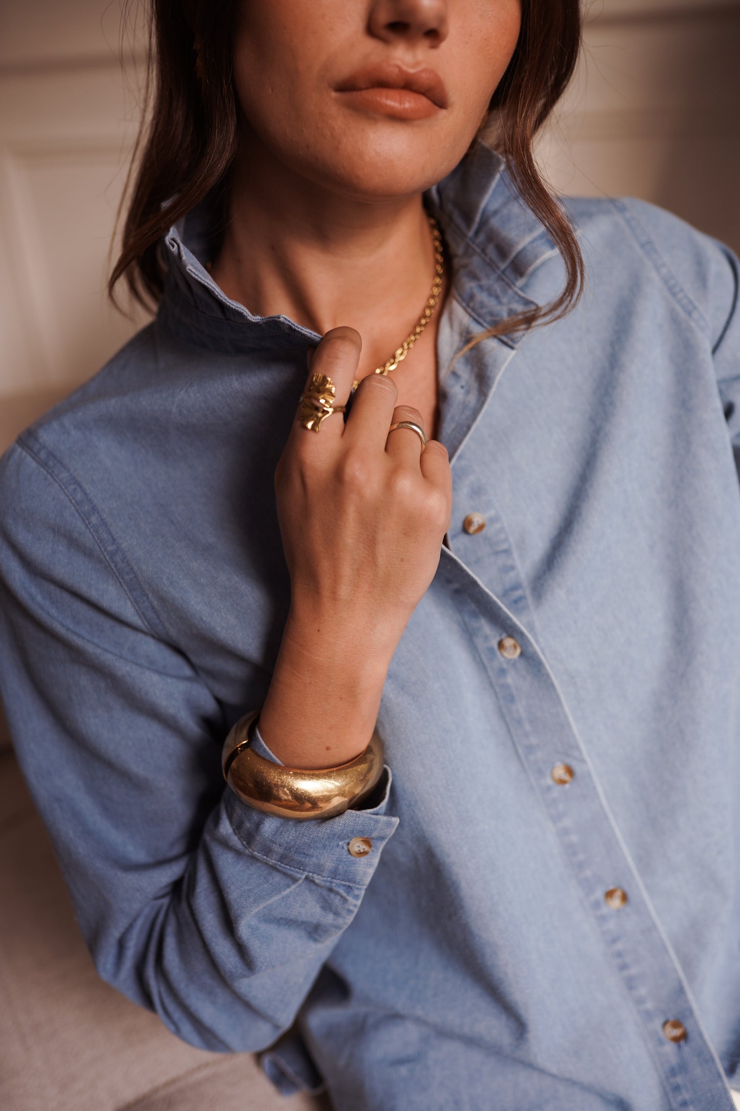 Lola denim frill neck shirt