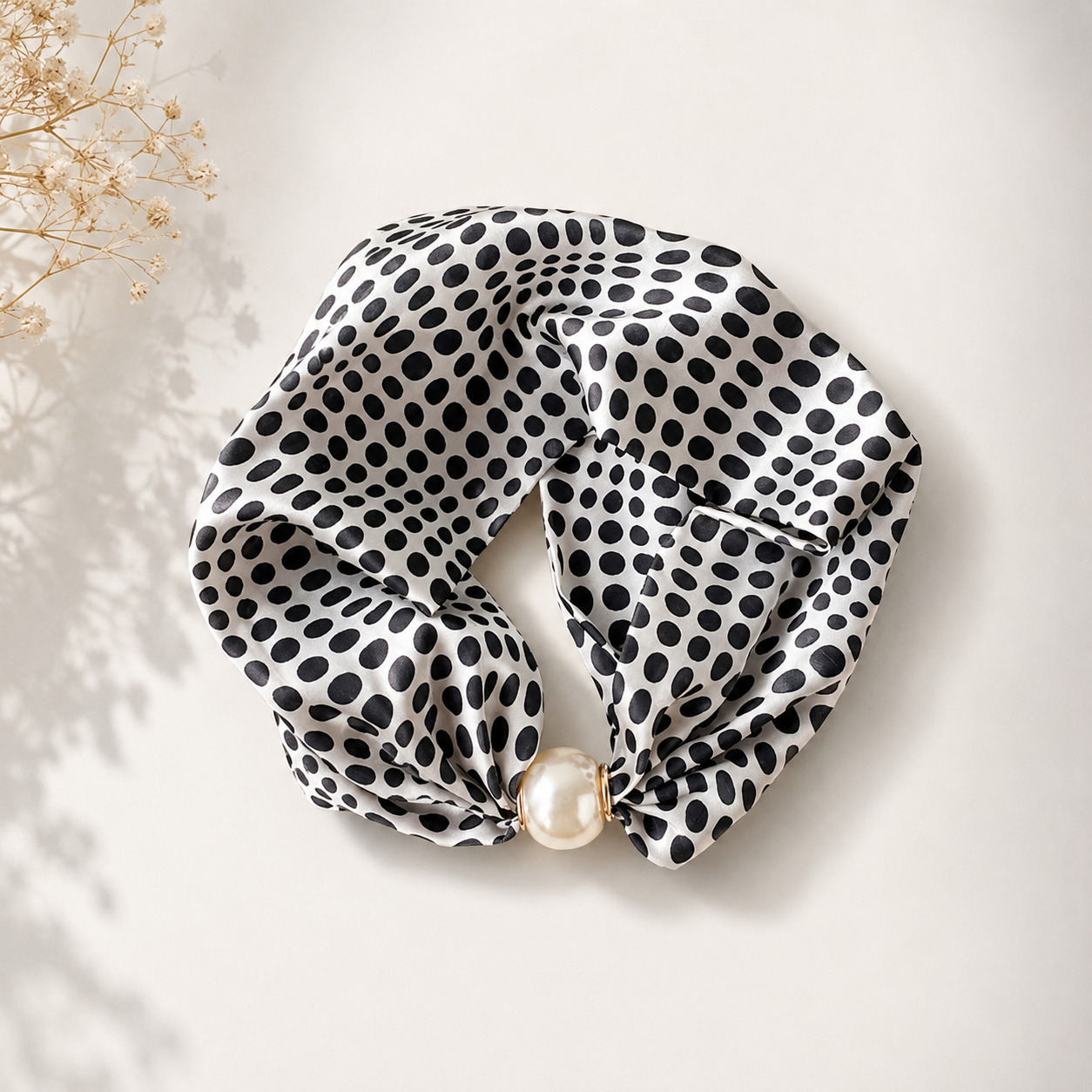 Black polka dot neck scarf with pearl closure