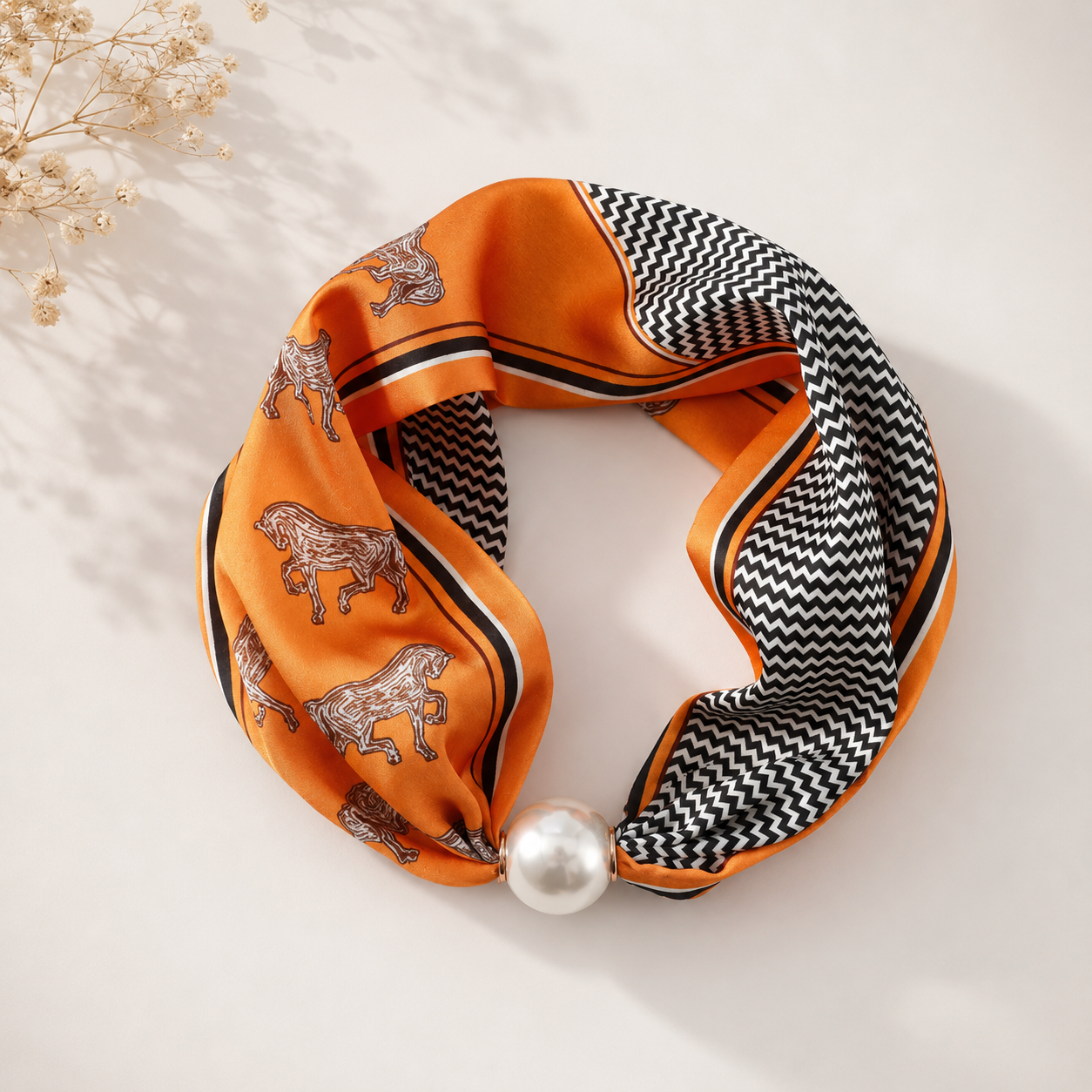 Orange horse print neck scarf with pearl closure