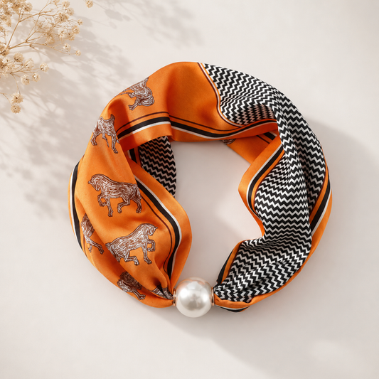 Orange horse print neck scarf with pearl closure