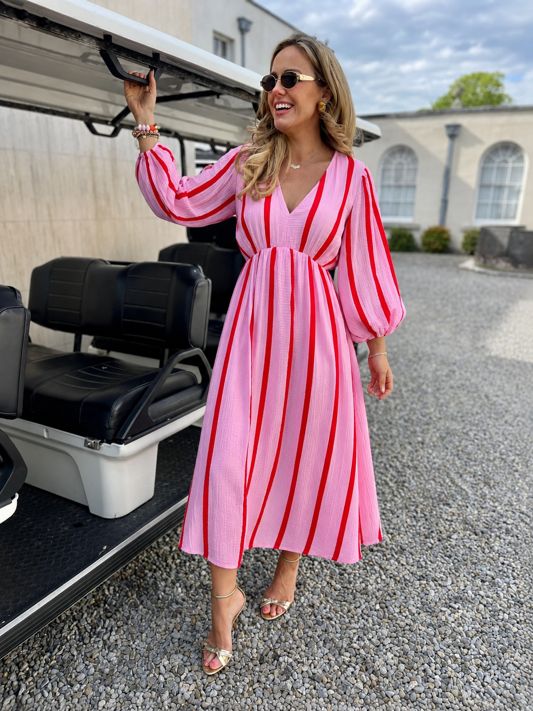 Rachel pink & red stripe cheesecloth dress