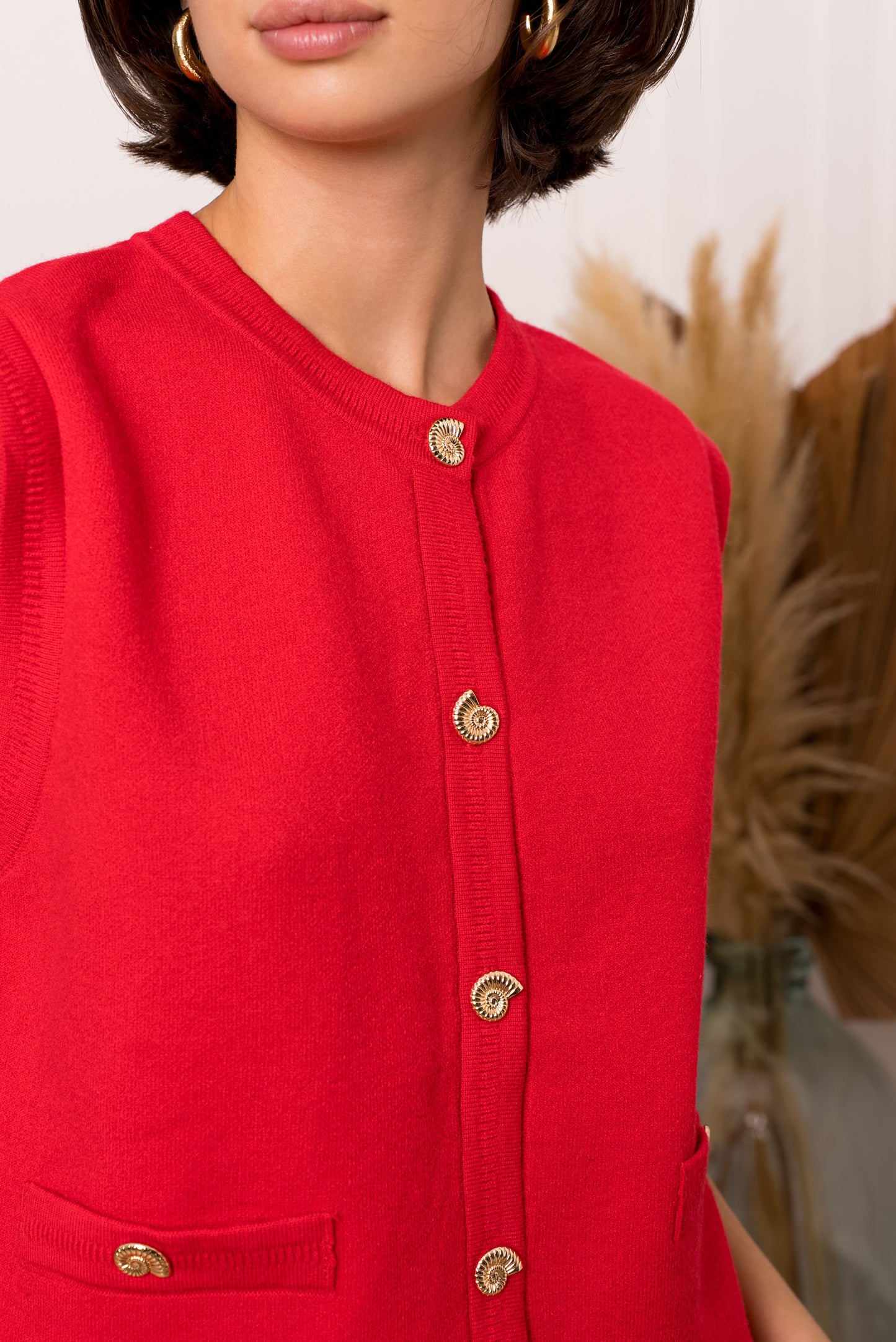 Shells gold button red knit waistcoat