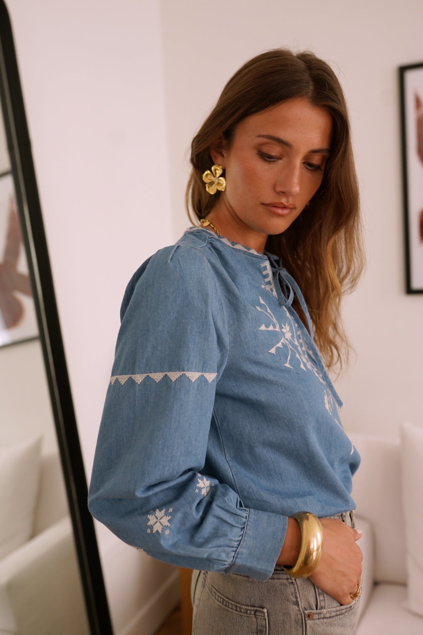 Sadie denim light wash boho blouse