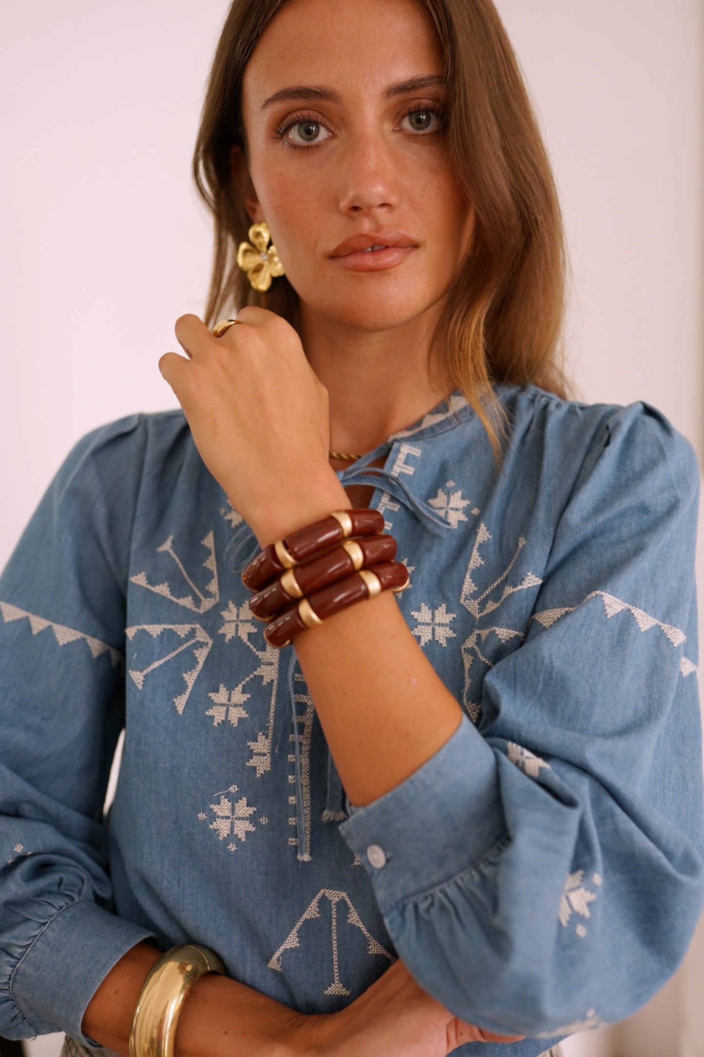 Sadie denim light wash boho blouse