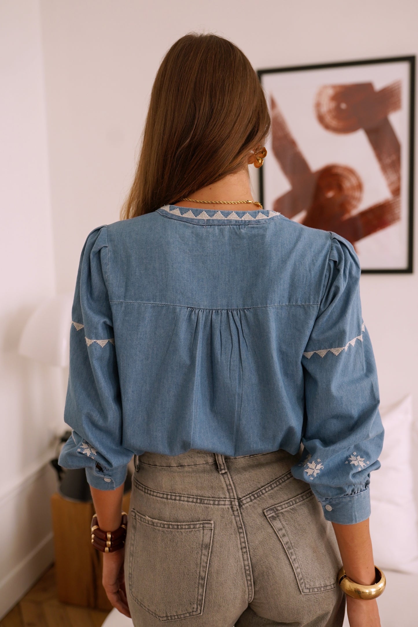 Sadie denim light wash boho blouse