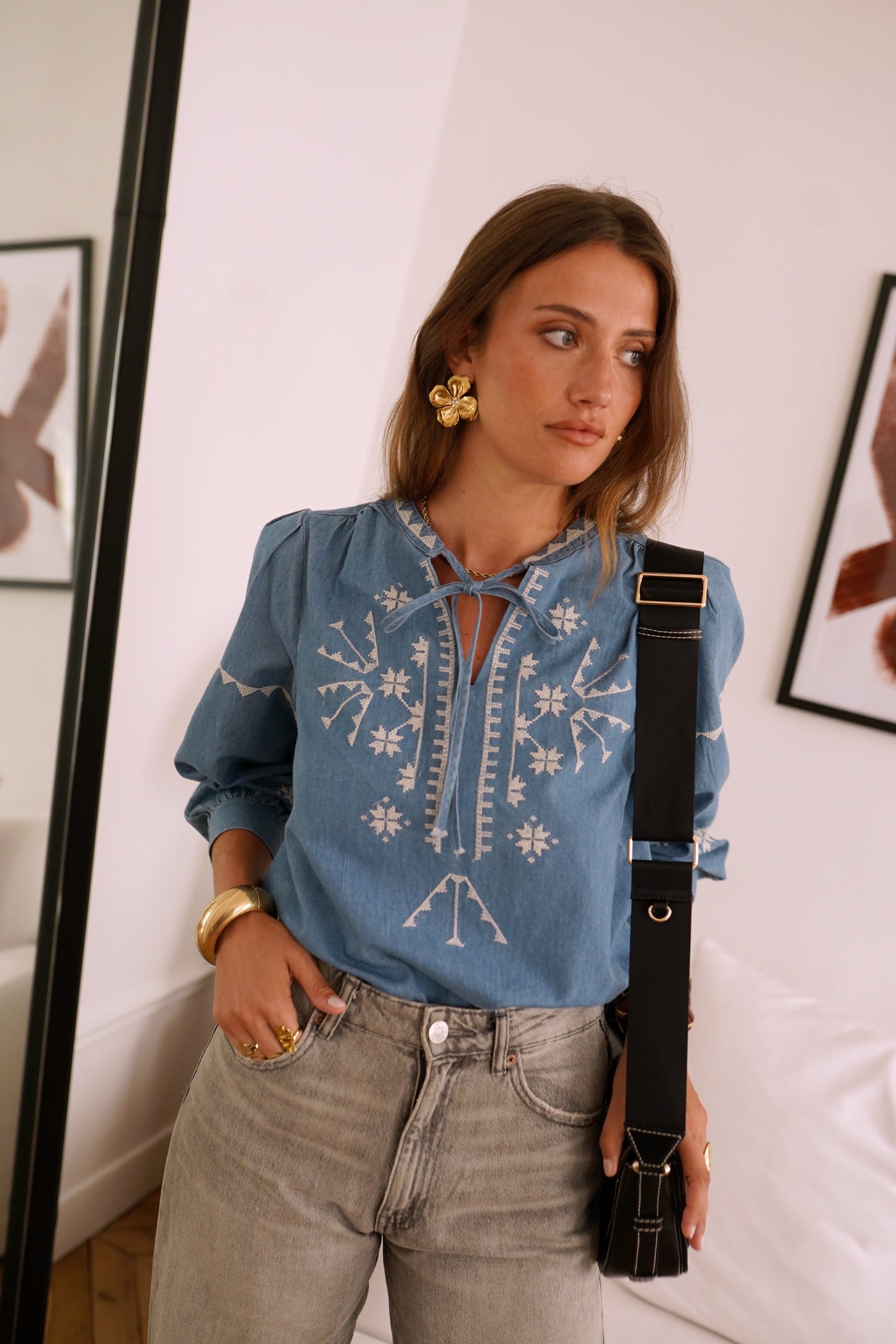 Sadie denim light wash boho blouse