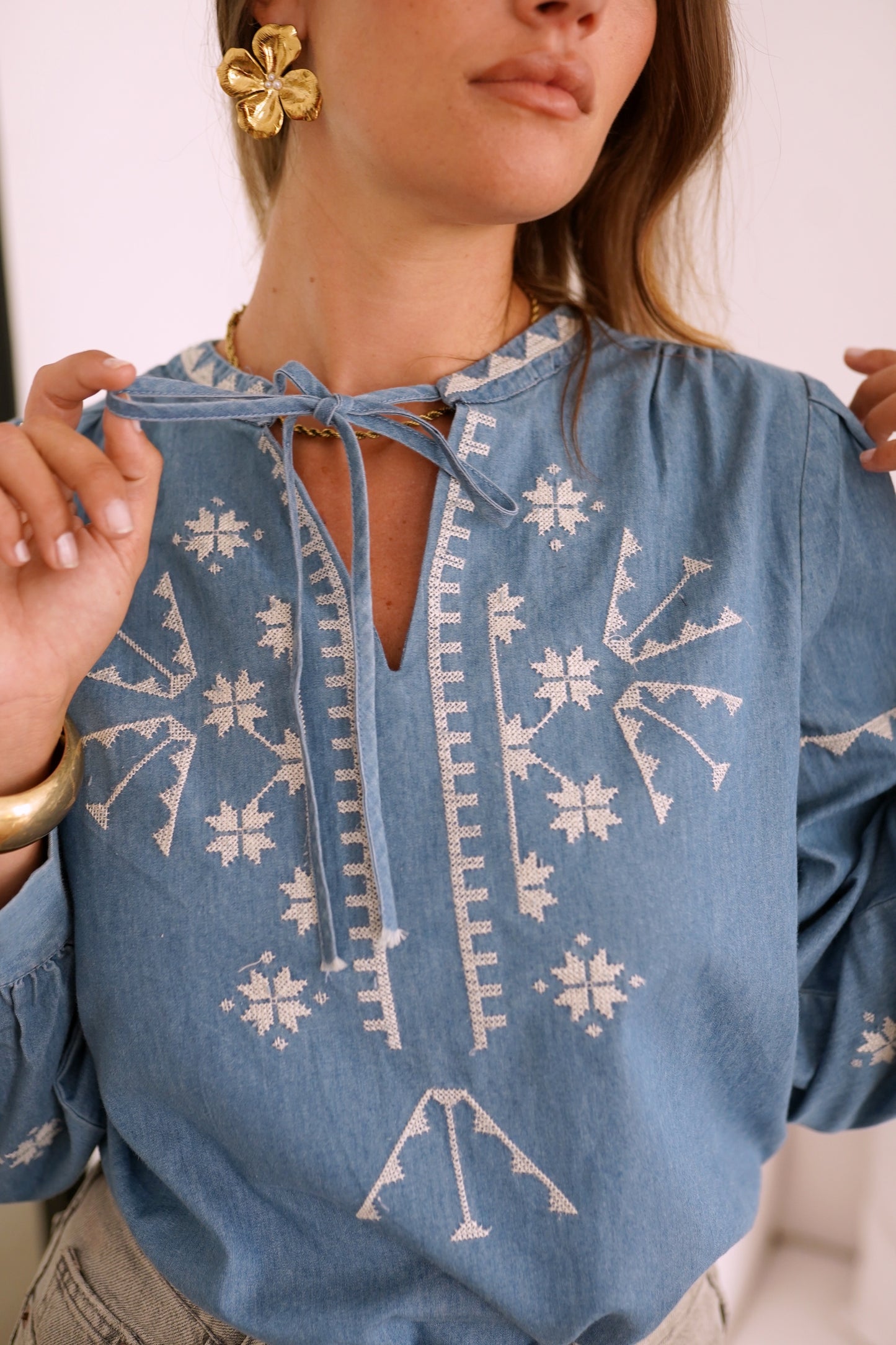 Sadie denim light wash boho blouse