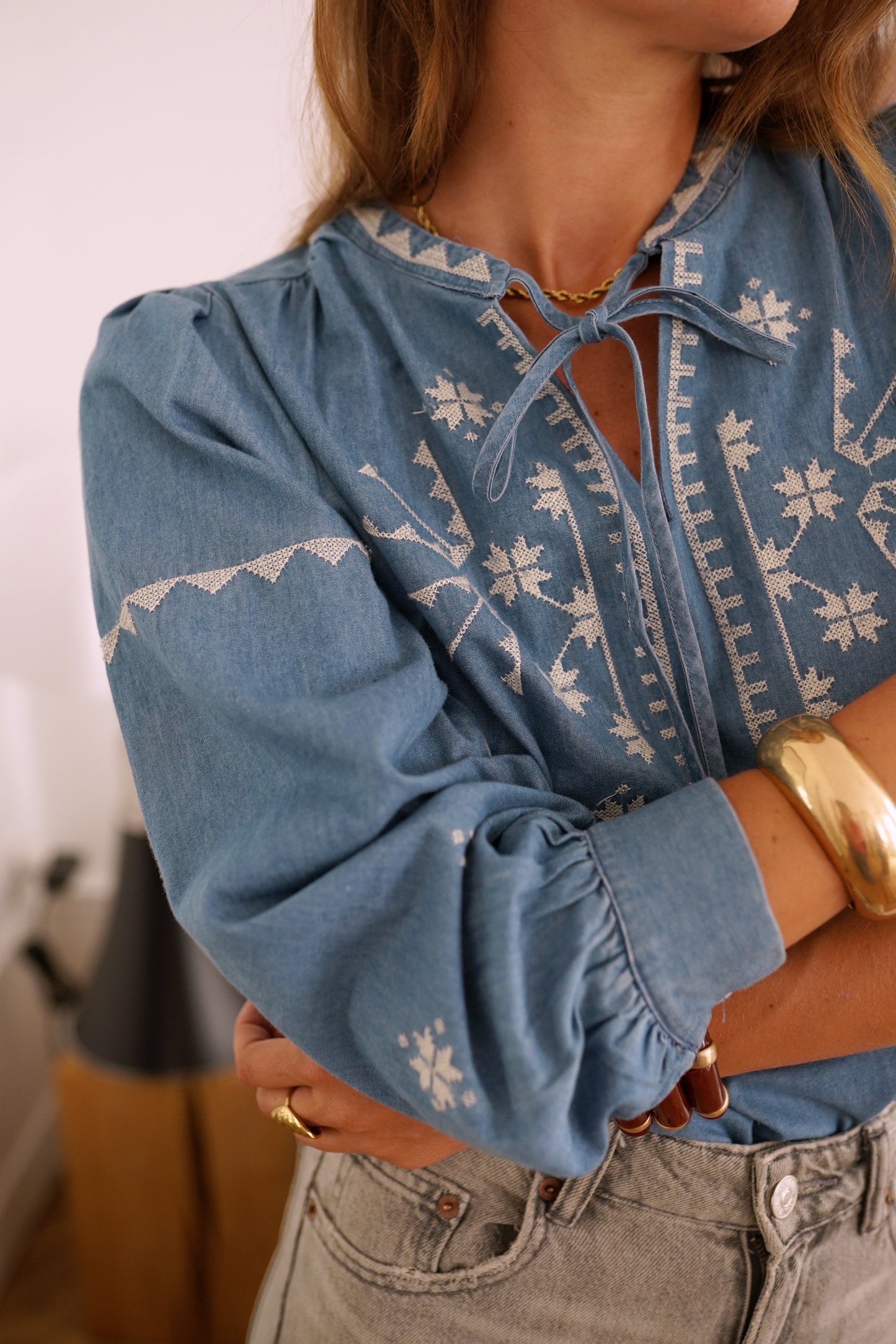 Sadie denim light wash boho blouse