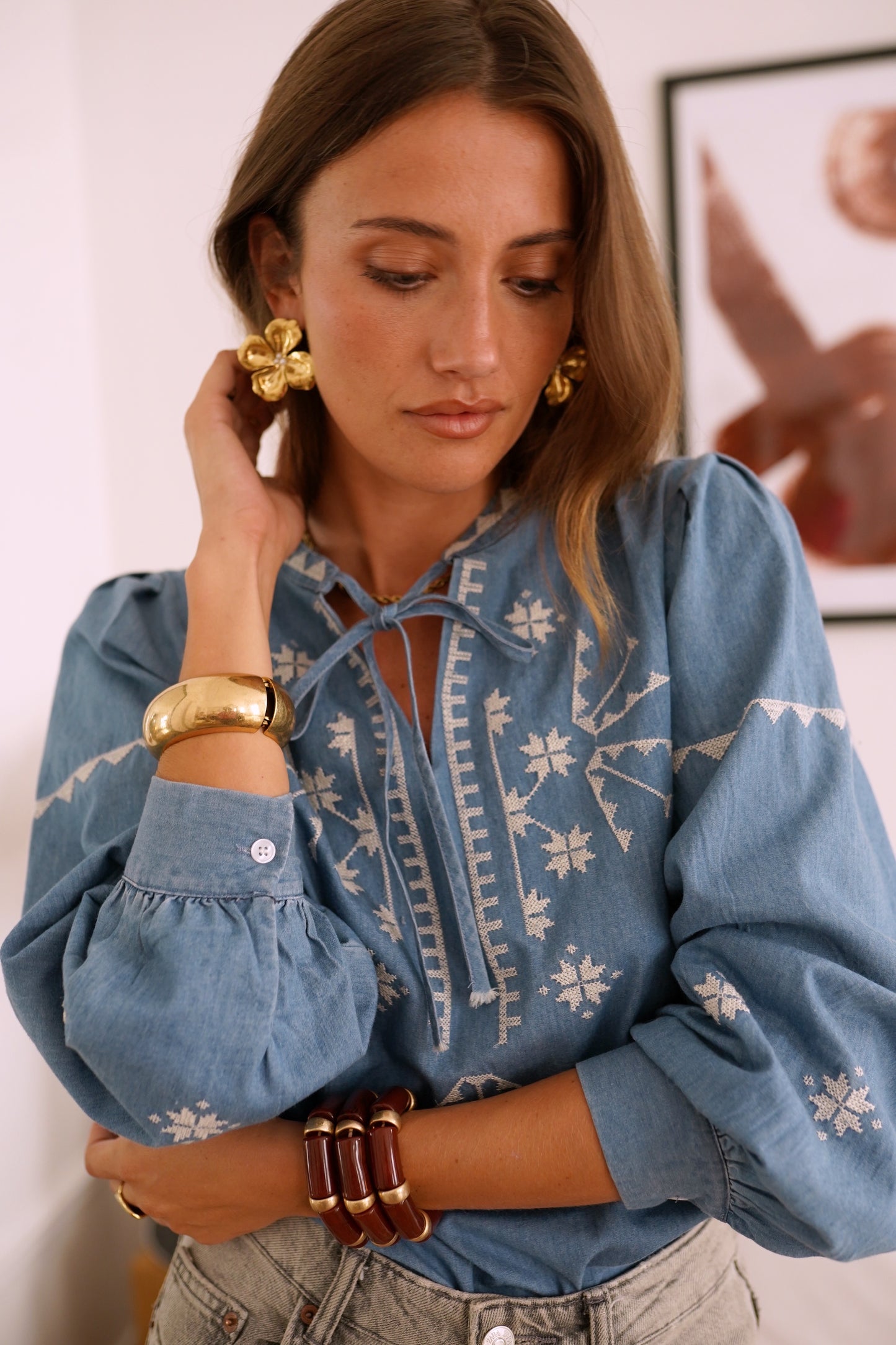 Sadie denim light wash boho blouse