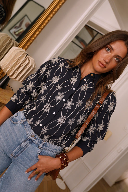 Tamara navy and white floral embroidered blouse