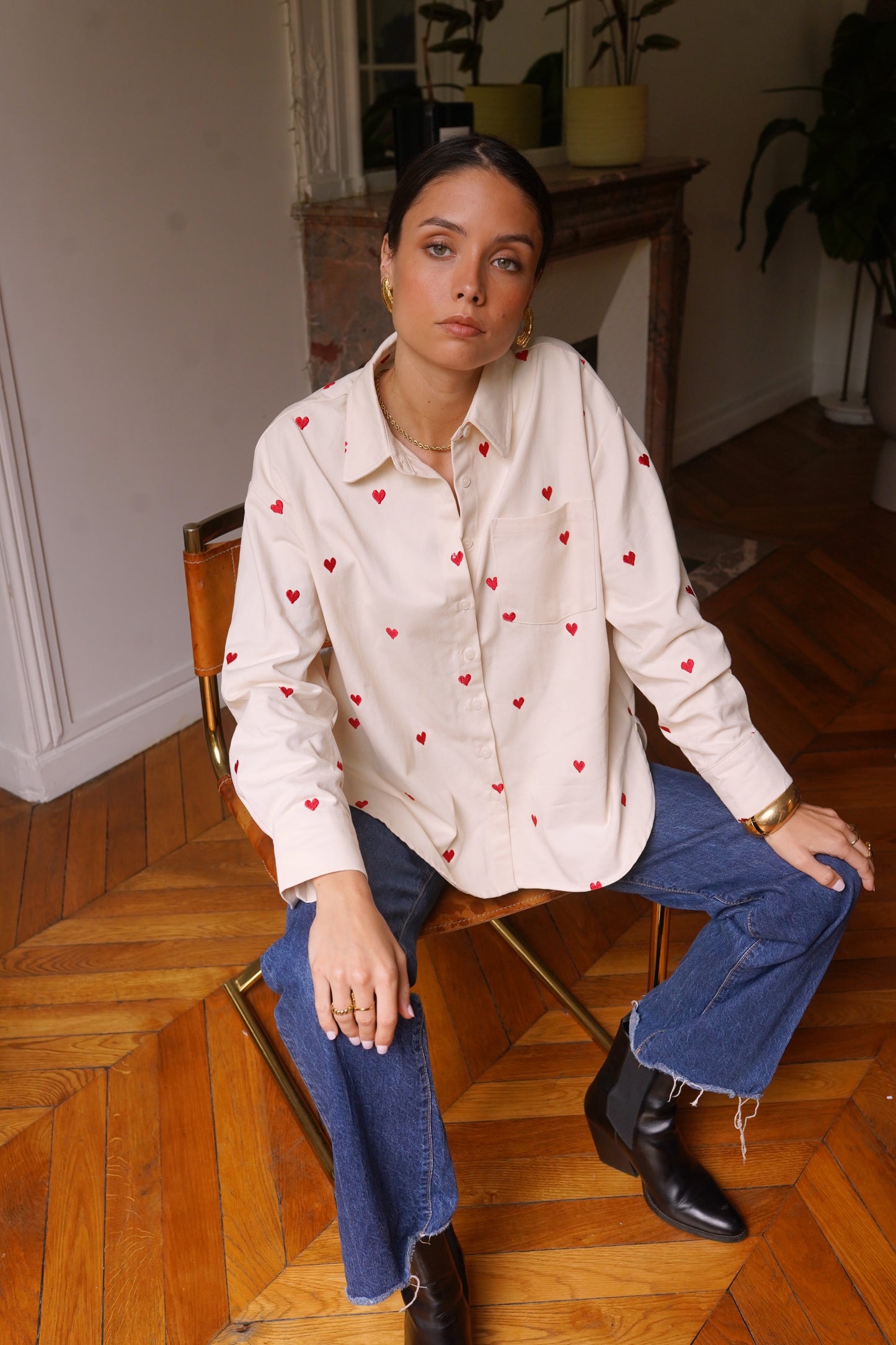 Bella heart print beige cotton shirt