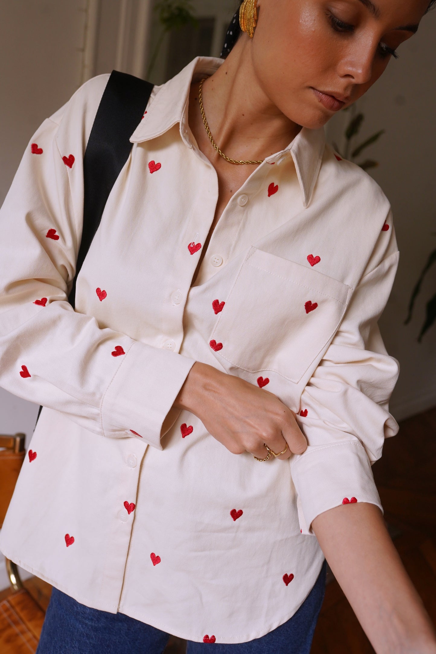 Bella heart print beige cotton shirt