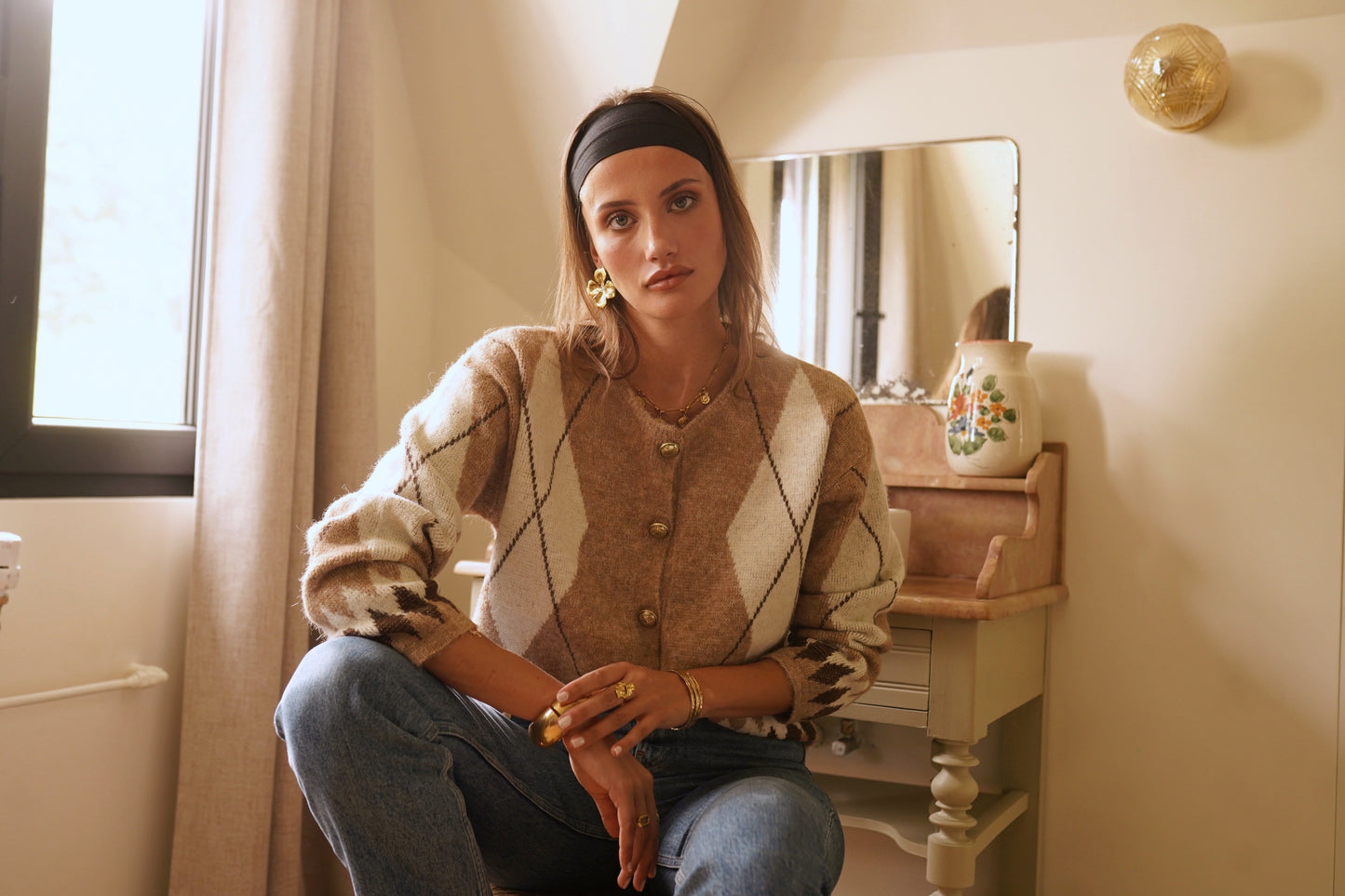 Phil check print gold button cardigan