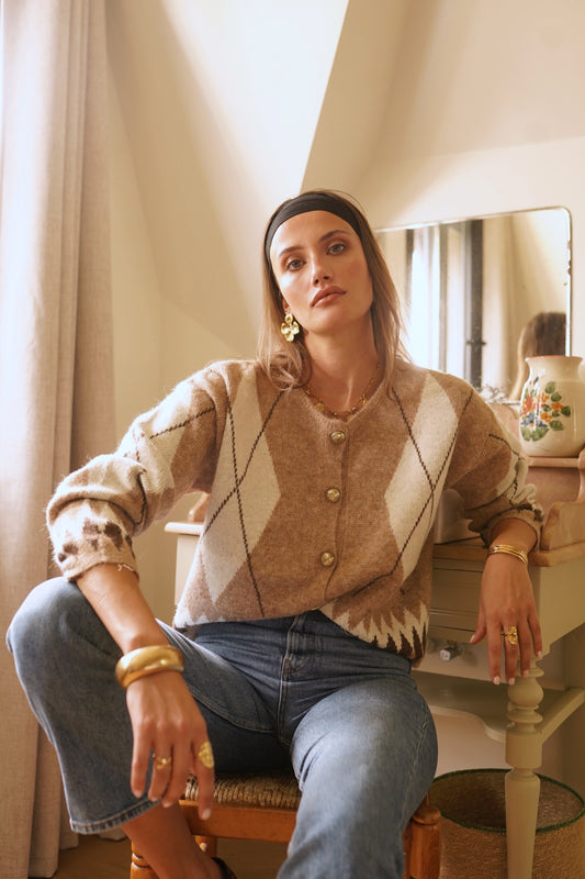 Phil check print gold button cardigan