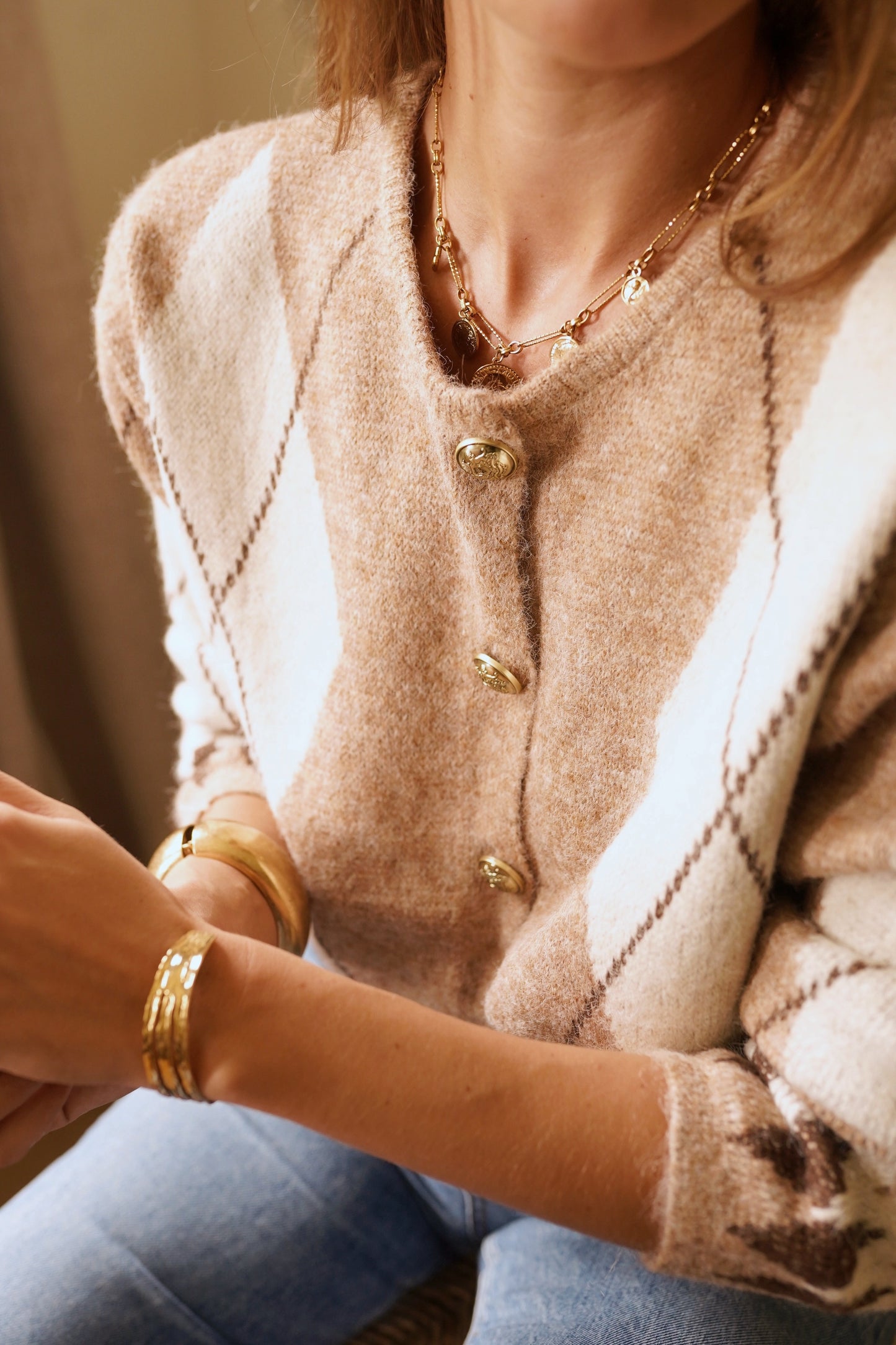 Phil check print gold button cardigan