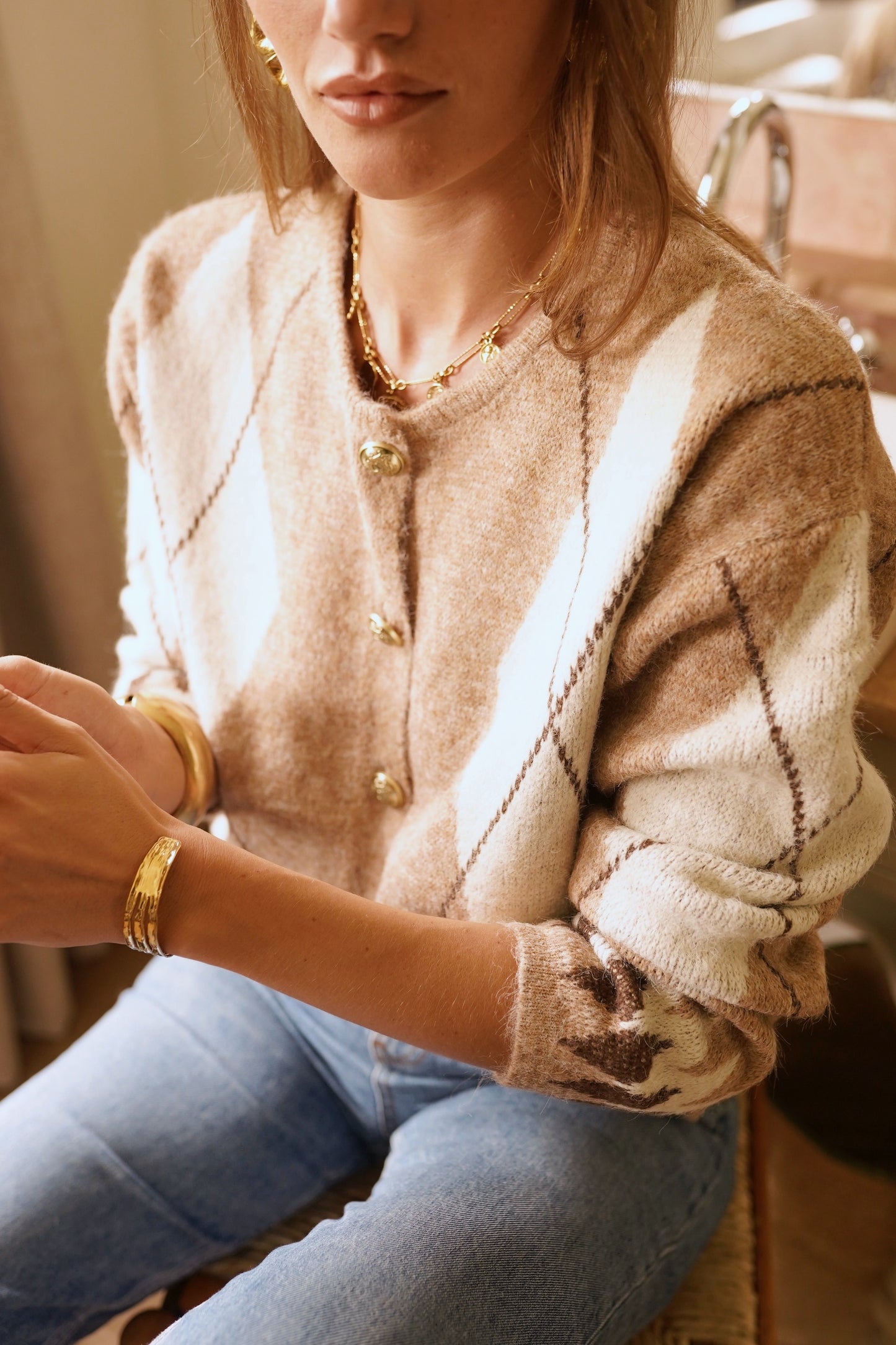 Phil check print gold button cardigan