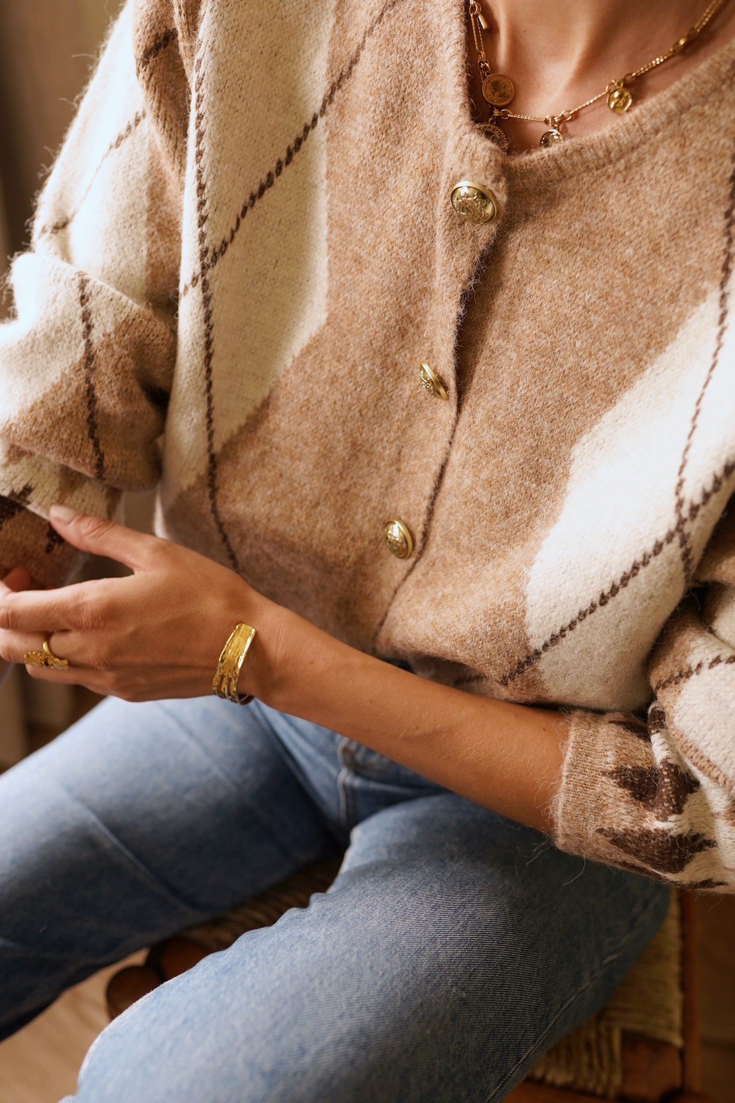 Phil check print gold button cardigan