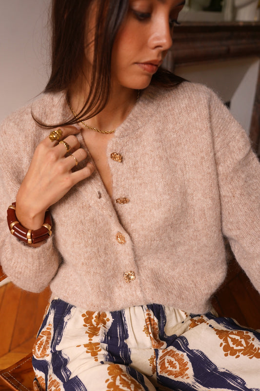 Sara taupe cardigan with gold buttons