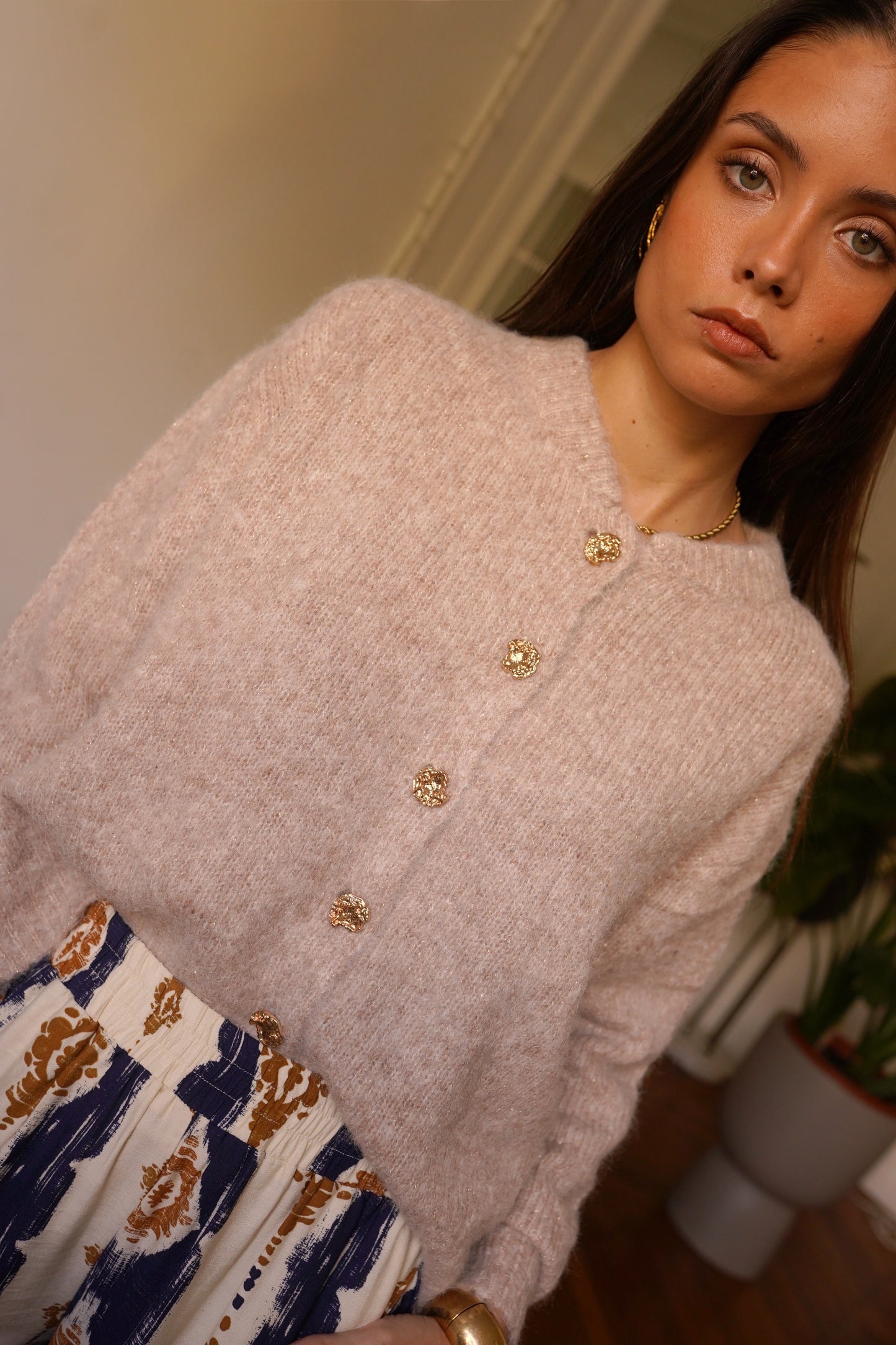 Sara taupe cardigan with gold buttons