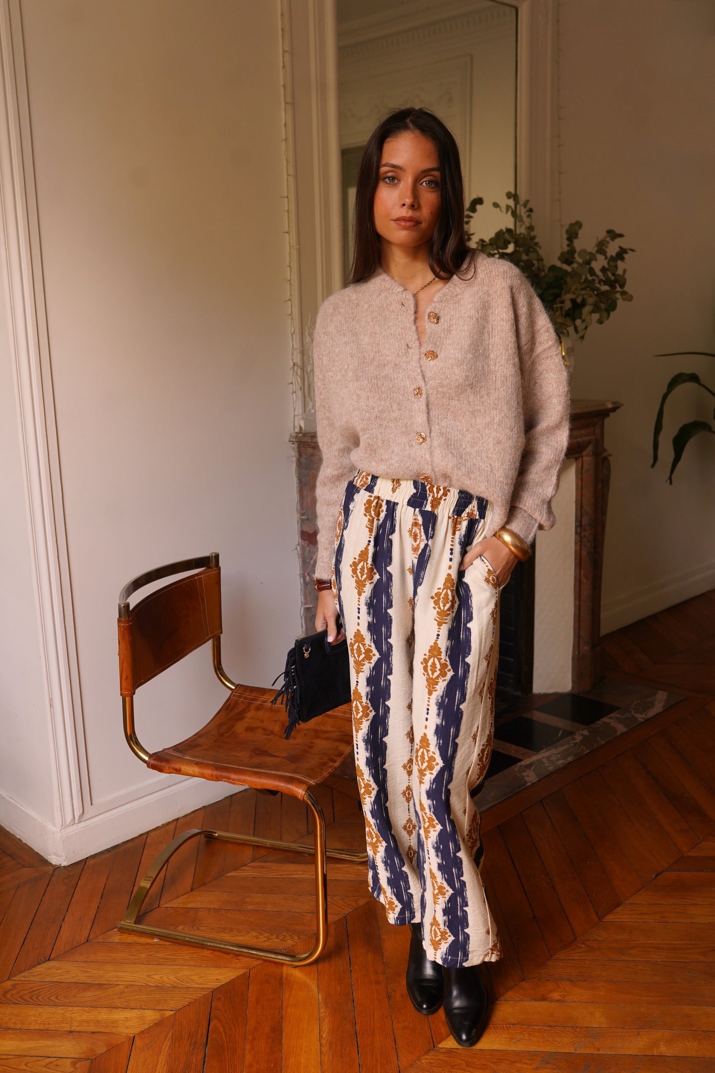 Sara taupe cardigan with gold buttons