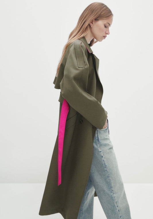 Zoe khaki green & fuchsia pink trench coat