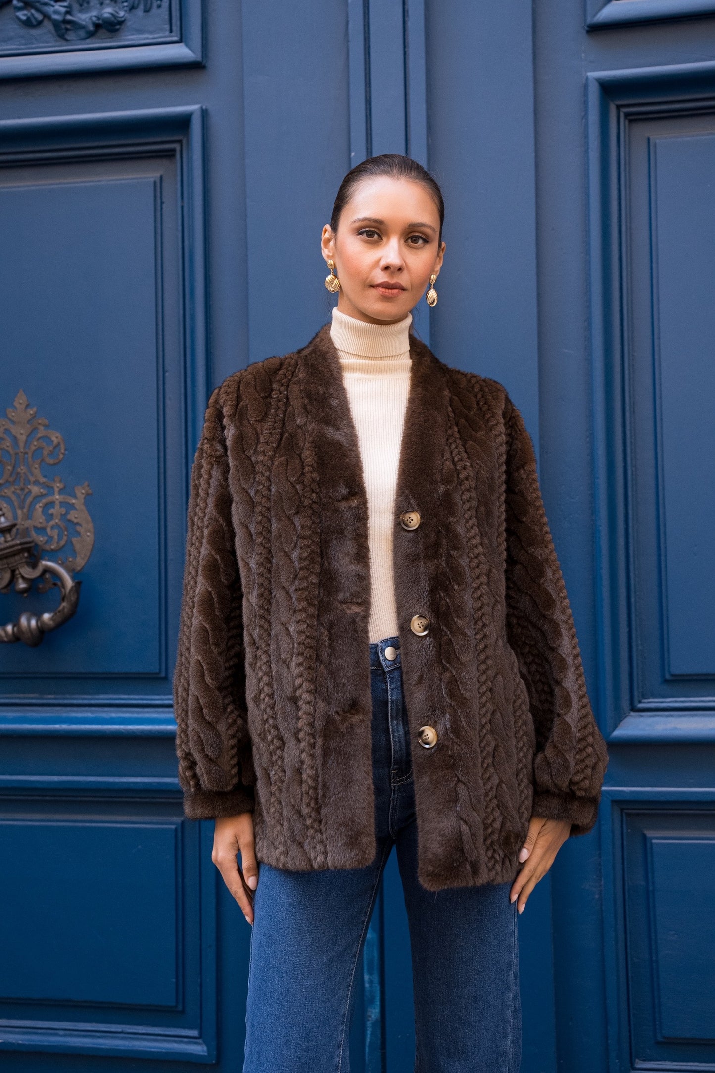 Adeline brown thick faux fur cable jacket