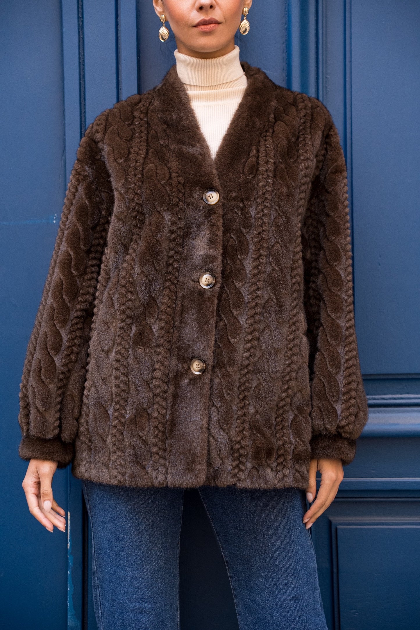 Adeline brown thick faux fur cable jacket