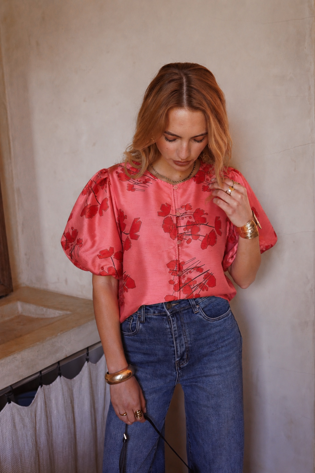 Lara floral coral puff sleeve jacket