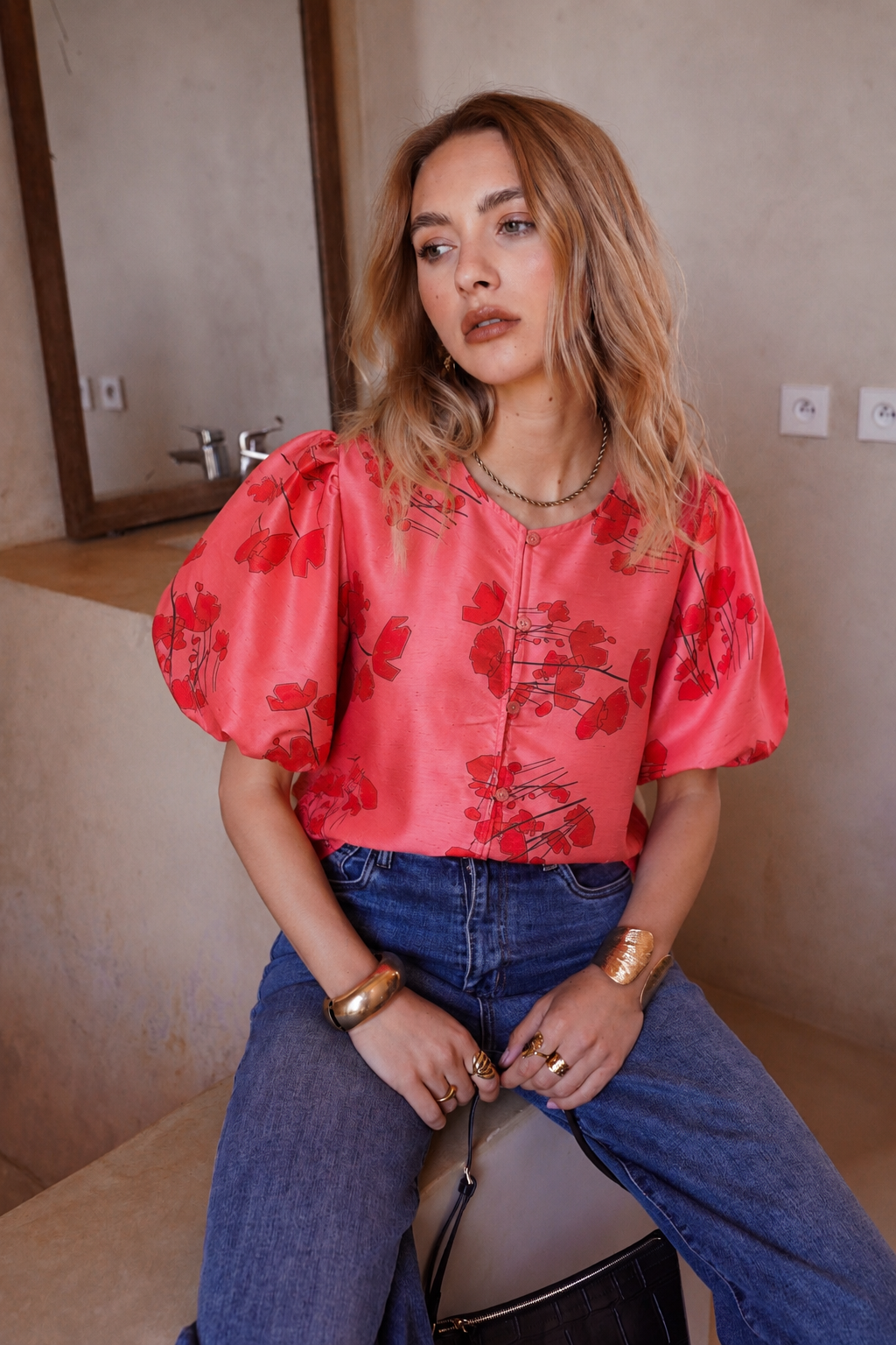 Lara floral coral puff sleeve jacket