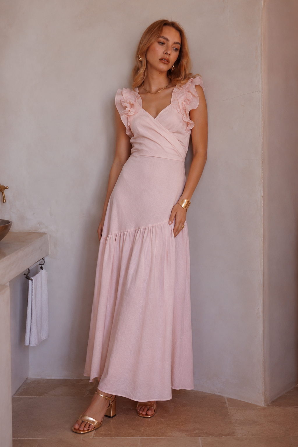 Louise pink ruffle long tiered dress