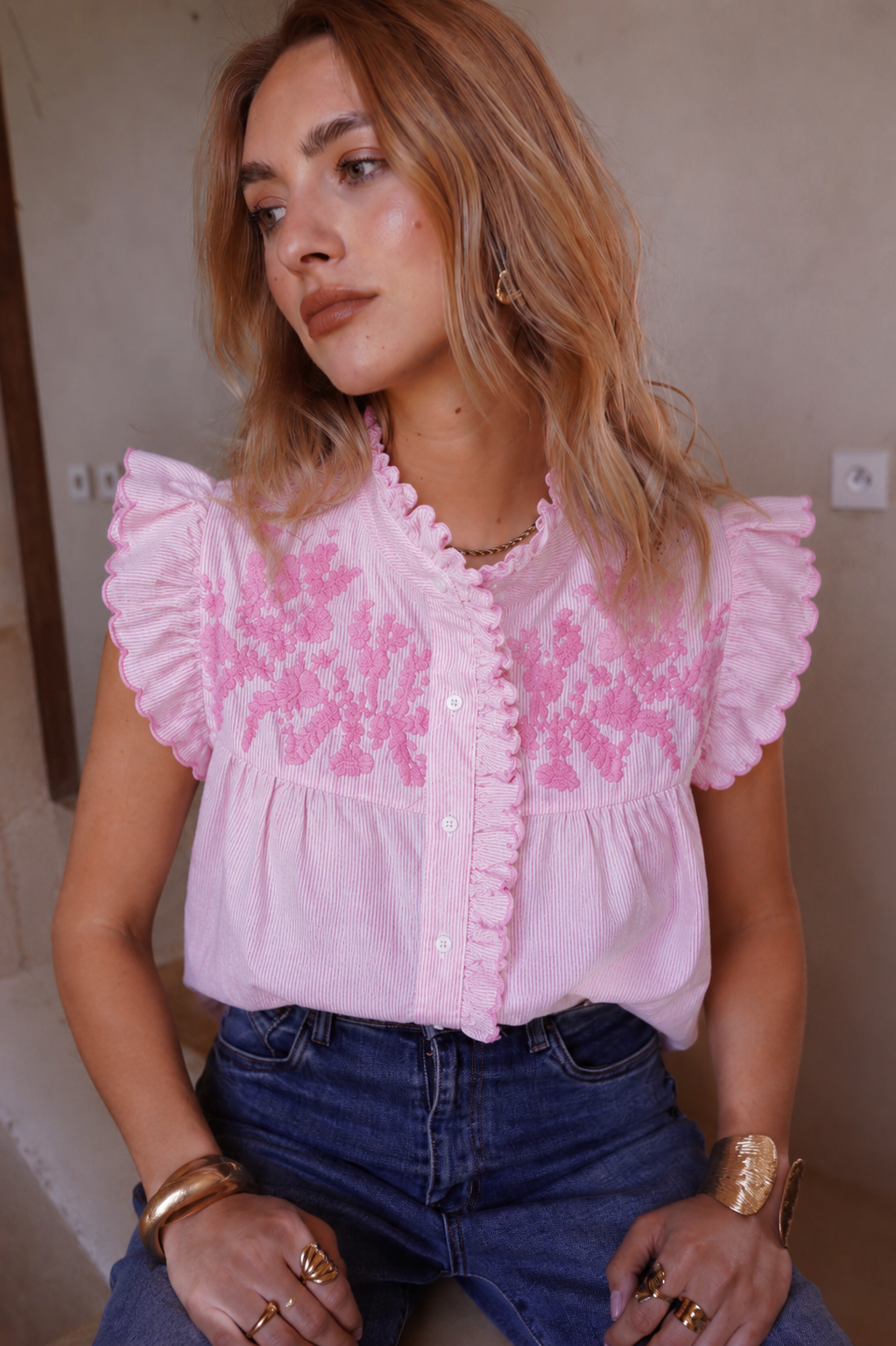 Emma pink embroidered sleeveless blouse