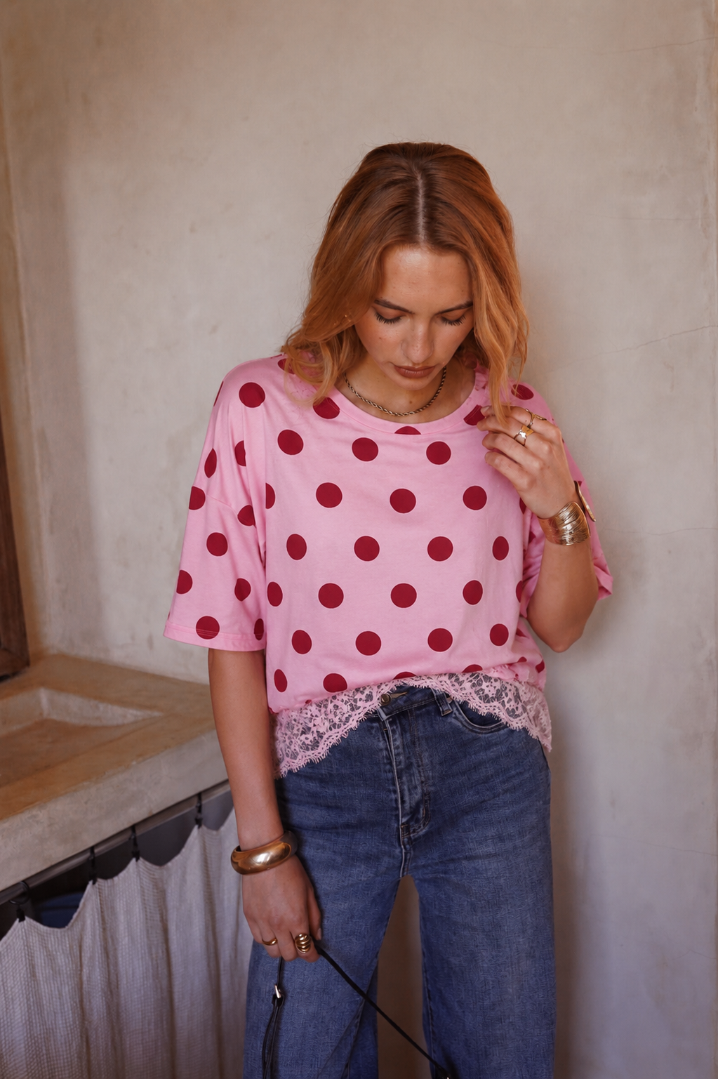 Blake pink polka dot tshirt with lace trim