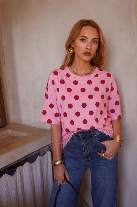Blake pink polka dot tshirt with lace trim