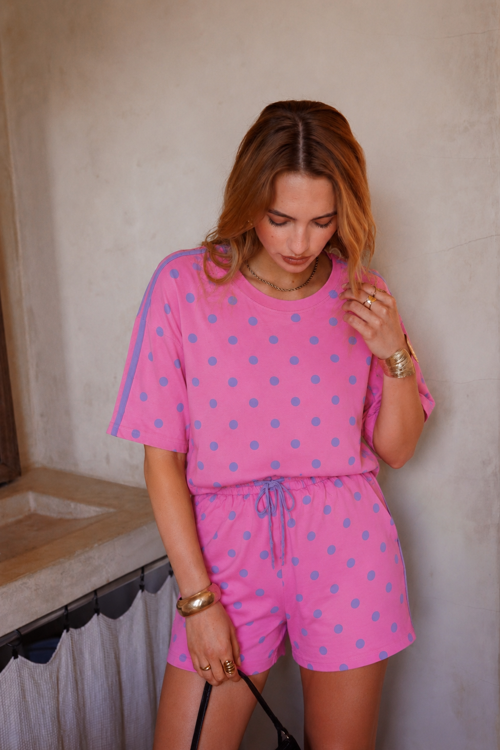 Belle pink & blue polka dot stripe set