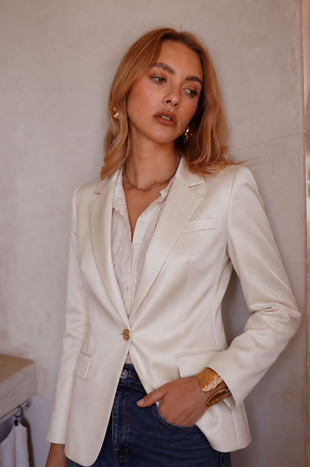 Freya ivory satin blazer with gold buttons