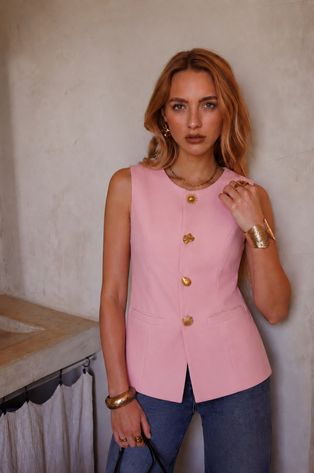Fran pink waistcoat gold buttons