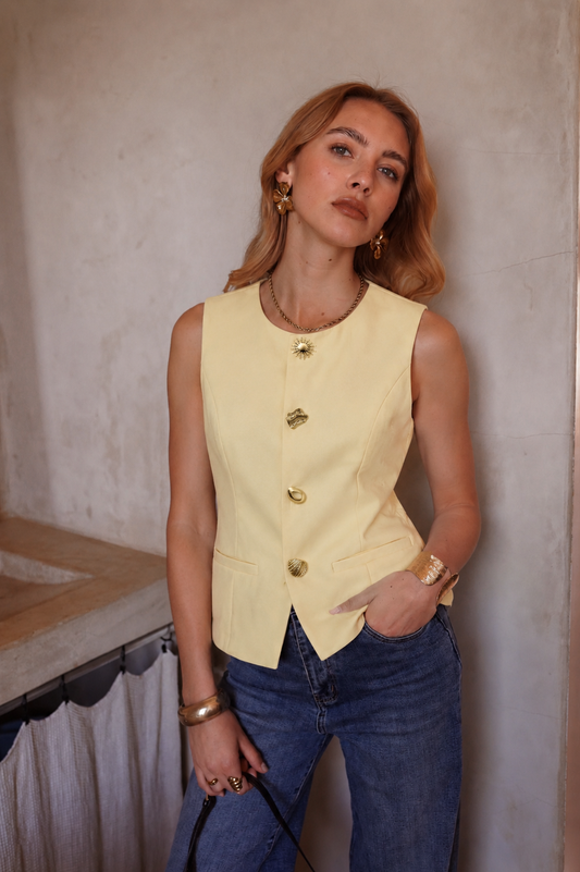 Fran lemon yellow waistcoat gold buttons