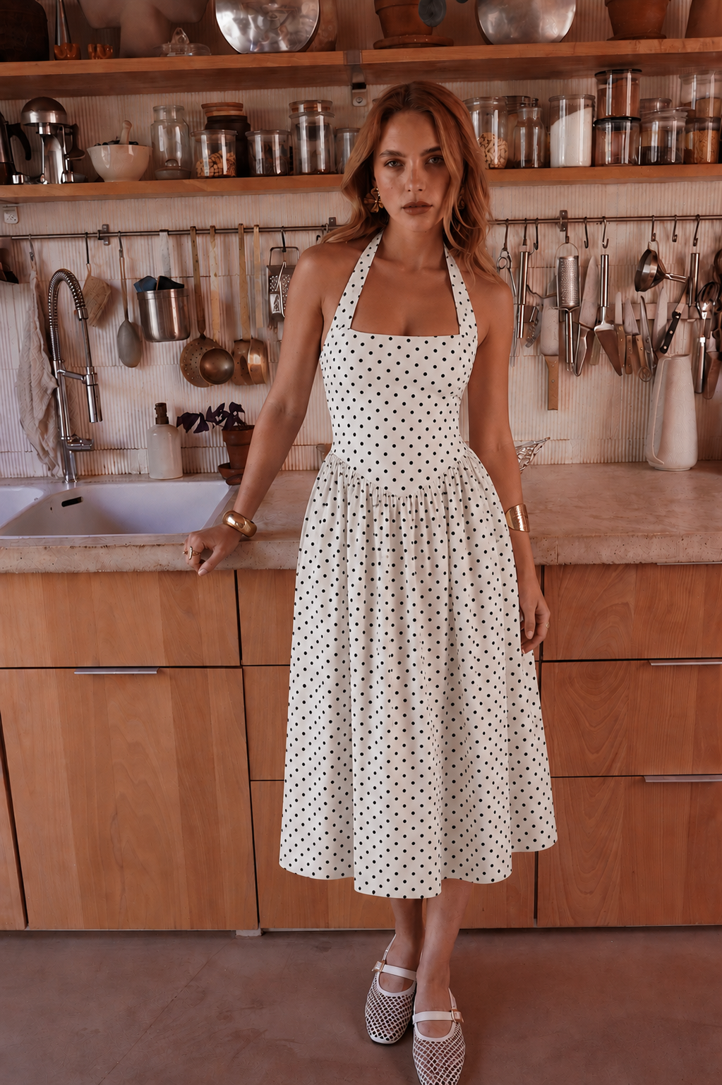 Poppy white halter neck polka dot dress