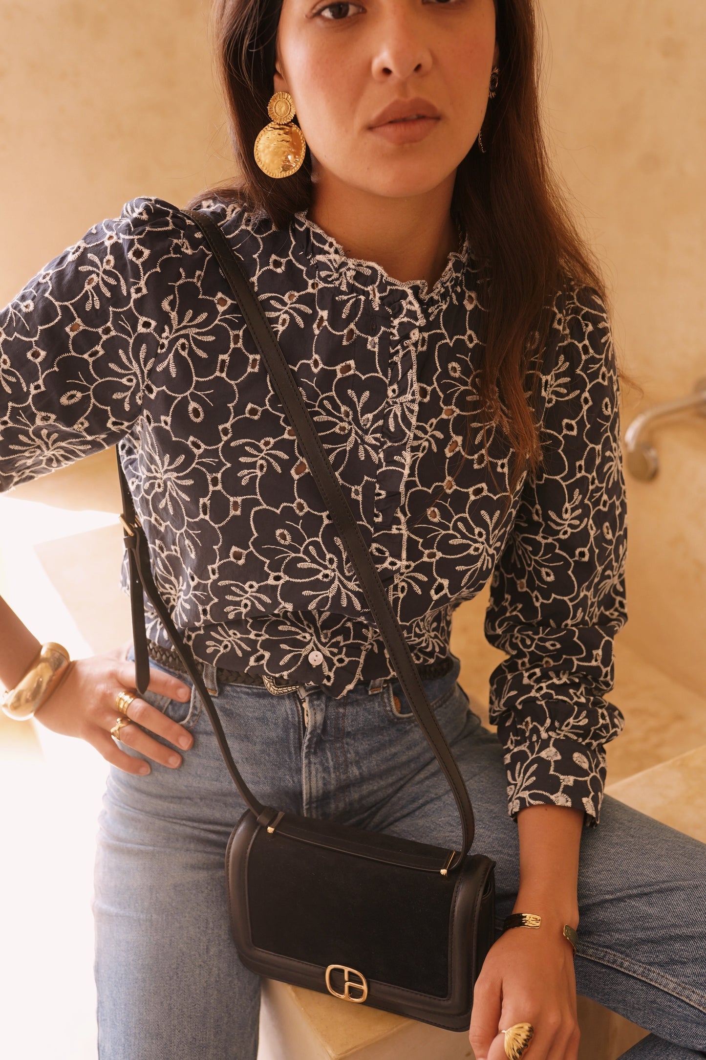 Debbie navy cutwork embroidered blouse