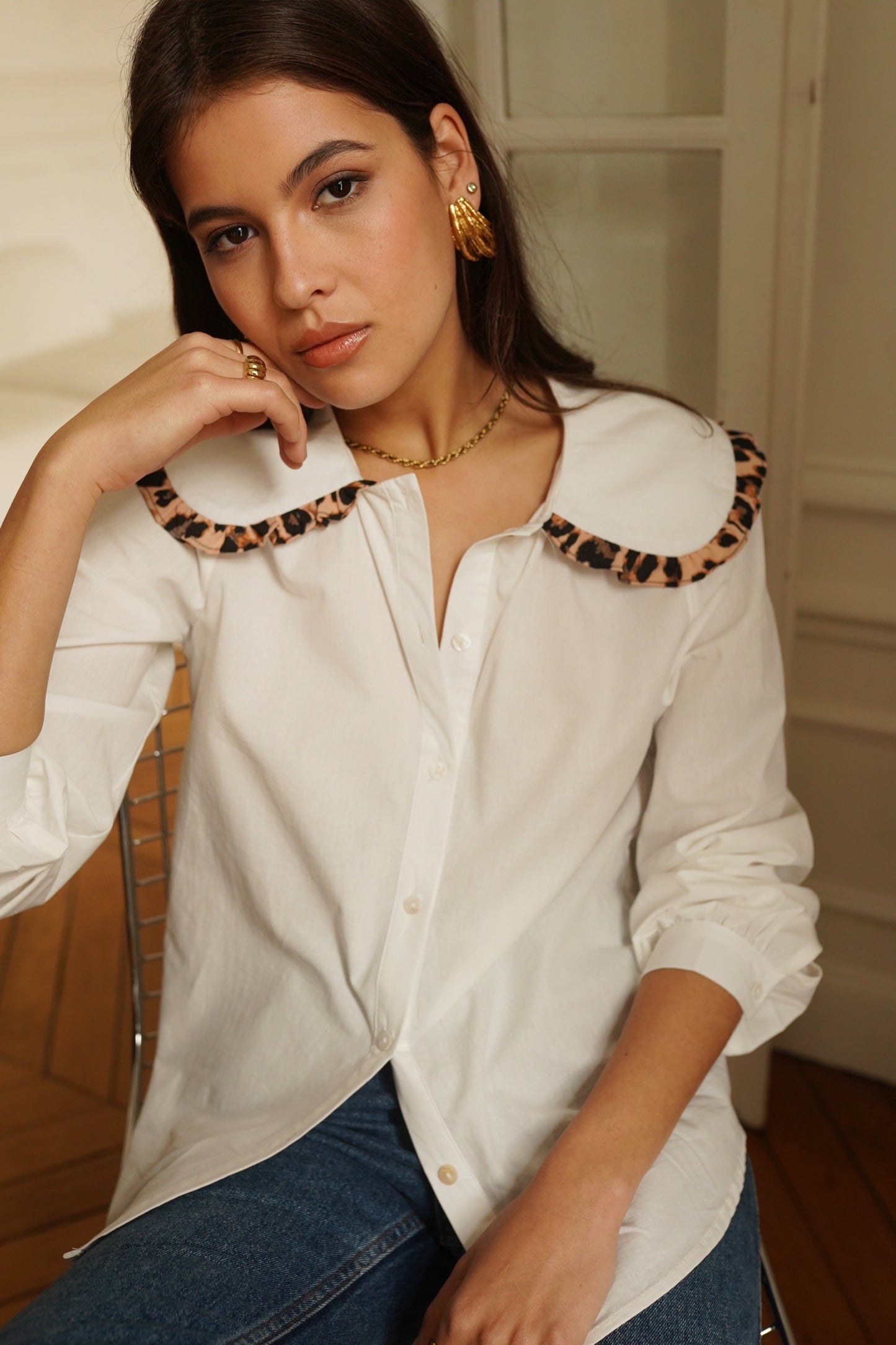 Ellie Peter Pan leopard trim shirt