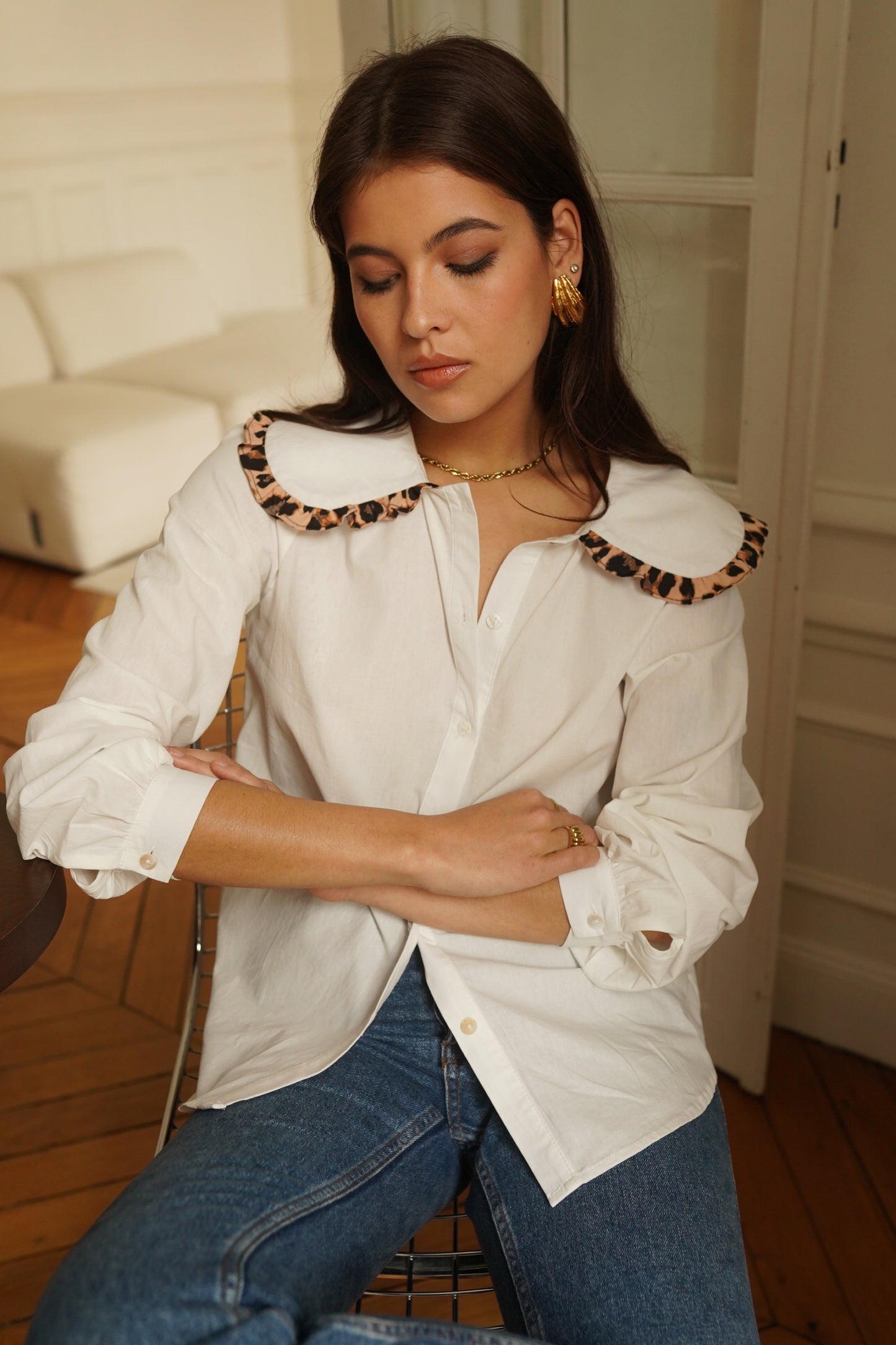 Ellie Peter Pan leopard trim shirt