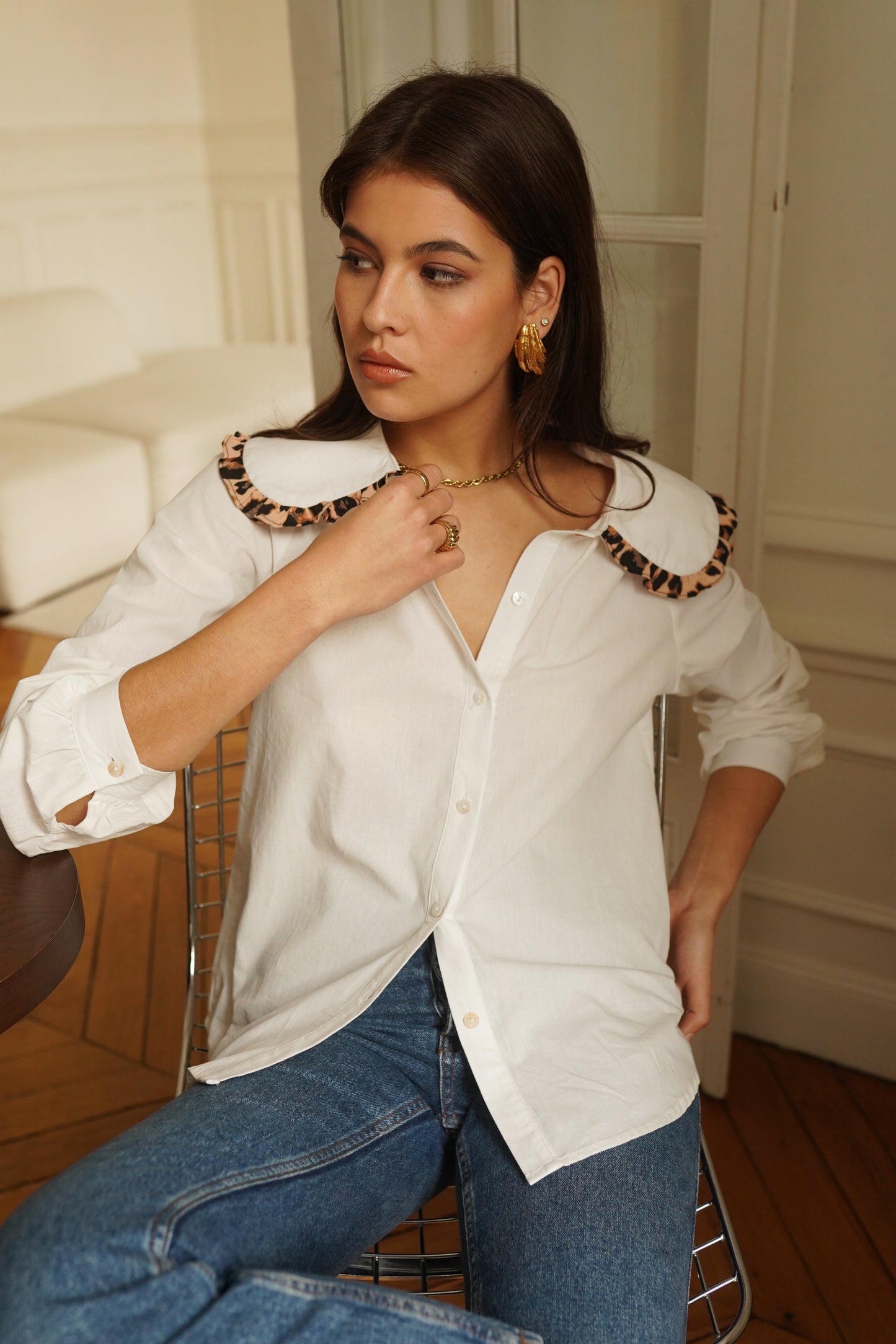 Ellie Peter Pan leopard trim shirt