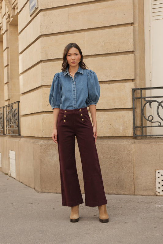Victo Wide leg burgundy jeans with gold front buttons